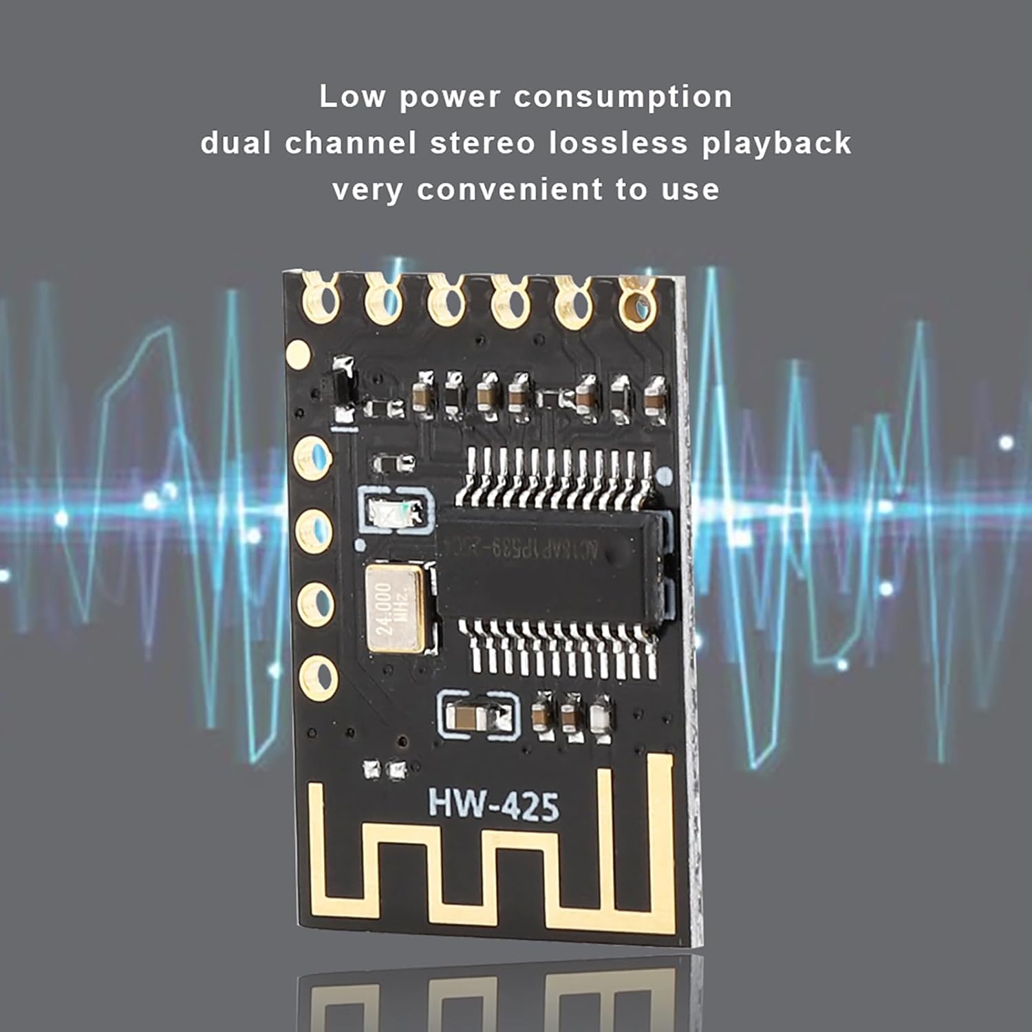 ASHATA Bluetooth module with a graphic overlay indicating low power consumption and stereo lossless playback.