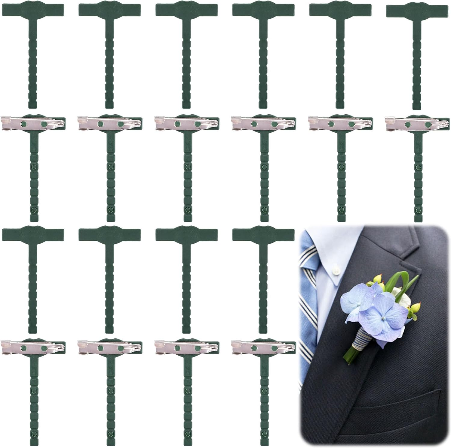 Verdial 20pcs Green Boutonniere Holder Pins, T-Shape Boutonniere Safety Pins, Tiny Corsage Clip Plastic Brooch Supplies for Wedding Bride Groom