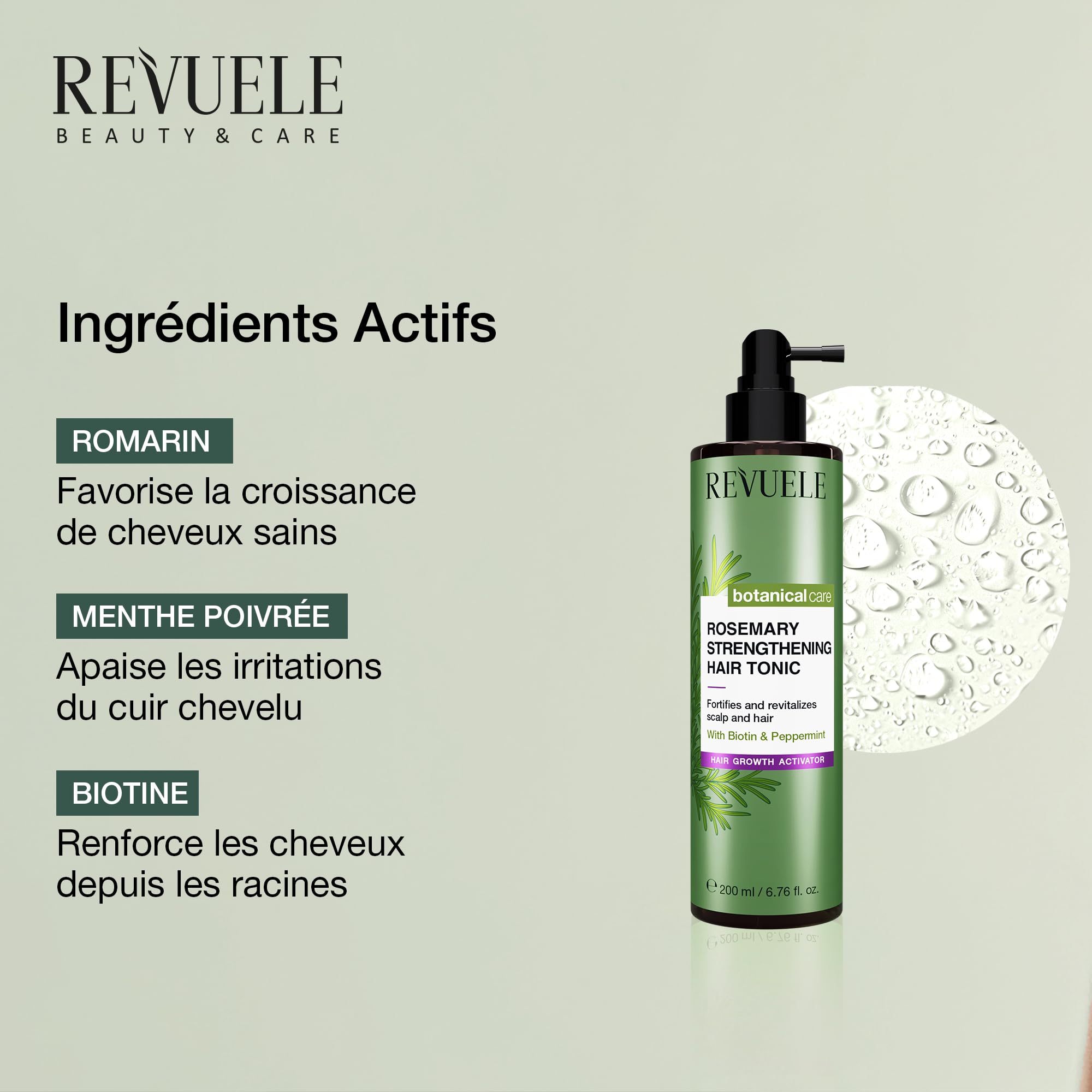 Le REVUELE Spray Rinforzante au Romarin pour Cheveux – Énergise le Cuir Chevelu, Stimule la Croissance, Renforce Racines et Longueurs, 150 ml