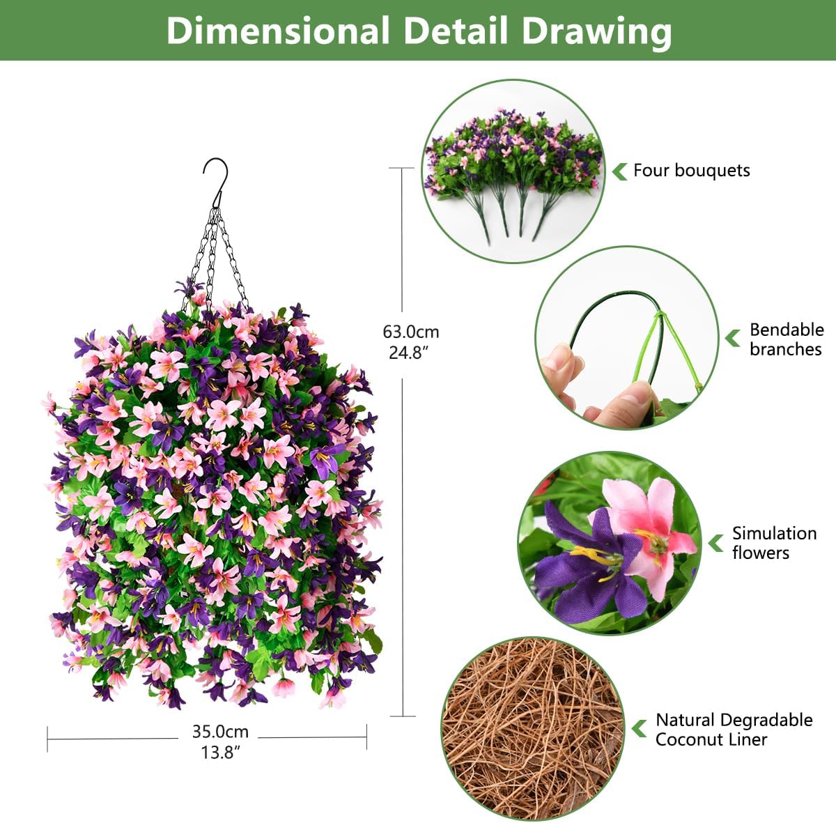 INQCMY Artificial Hanging Flowers in Basket for Outdoor Spring Summer Decoration,4pcs Faux Silk Violet in Planter UV Resistant for Outside Home Patio Garden Porch Deck Decor(Pink Purple)