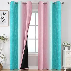 Estelar Textiler Pink and Teal Ombre Blackout Curtains for Bedroom, Thermal Insulated Light Blocking Gradient Drapes, Full Room Darkening Grommet Curtains for Living Room, 42Wx84L, 2 Panels