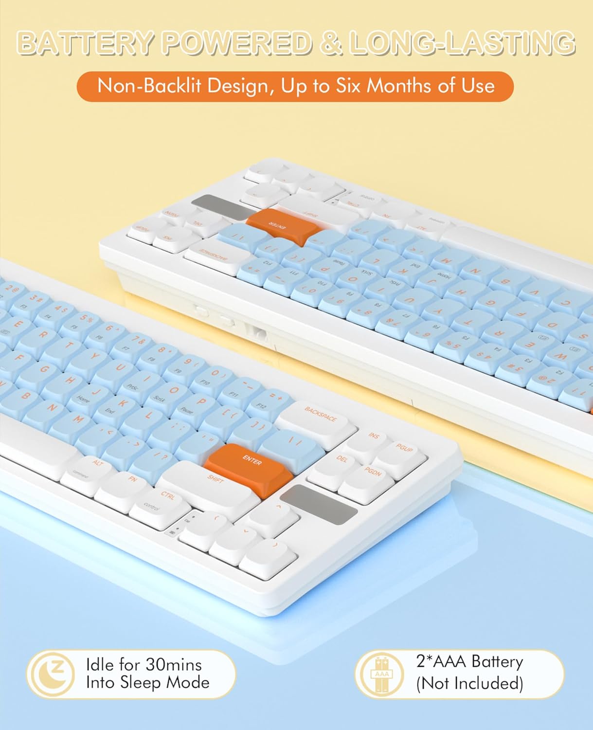 Two MAGIC-REFINER RKL680 keyboards, illustrating battery compartment and AAA battery requirement.