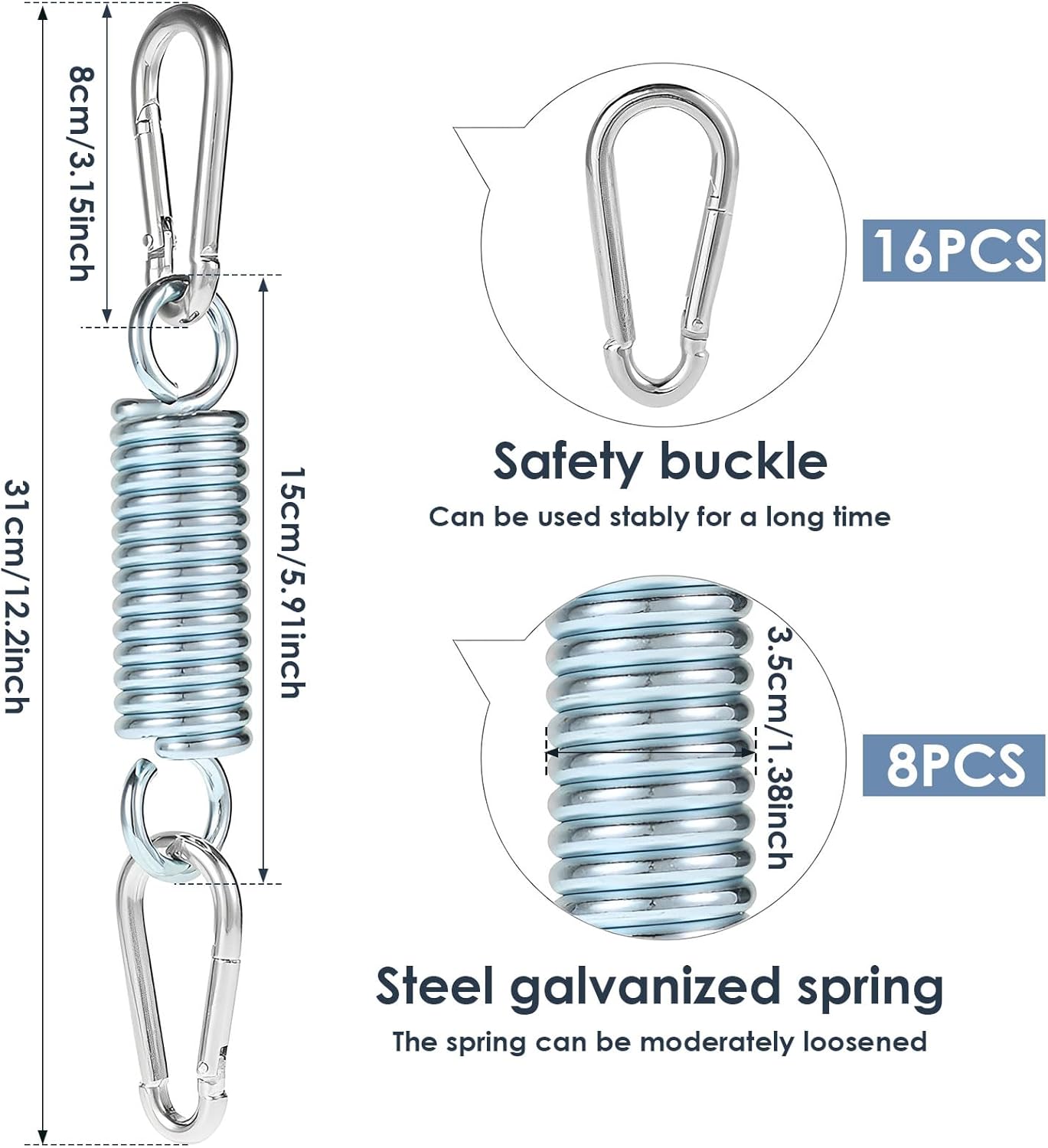 8 Pack Porch Swing Springs, 4400 LB Heavy Duty Springs, Stainless Steel Hammock Chair Hanging Kit Swing Spring Hardware with 8pcs 12.2in Spring and 16pcs Buckles for Garden Hammocks Hanging Chairs