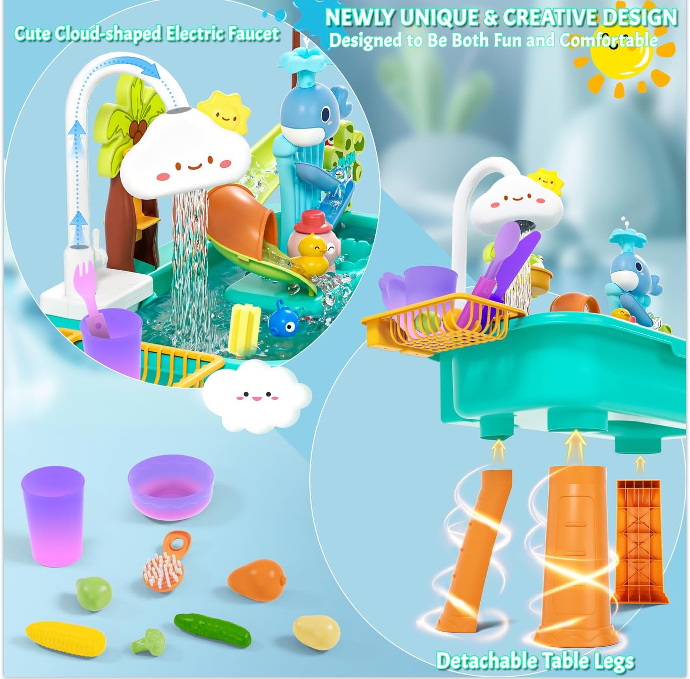 2026 Color Changing Kitchen Sink Toys, Water Table for Toddlers 1-3, Water Table for Kids Ages 4-8, Toddler Water Play Table|Beach Outdoor Toys, Summer Gift for Girl Boy 3 4 5 6 7 8, Orange&Green