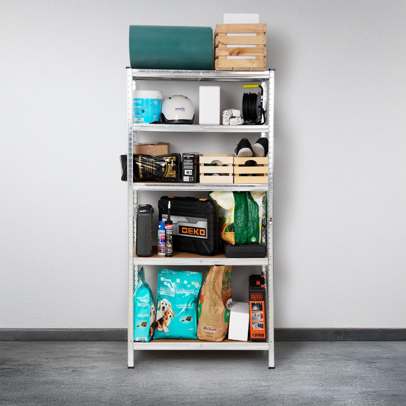 The Homeweeks Estantería Metálica 180x90x40cm | Galvanizada Modular | 5 Baldas Ajustables | MDF | Carga 175 kg por Estante y 875 kg Total | Montaje Suelo | sin Tornillos System Click & Push