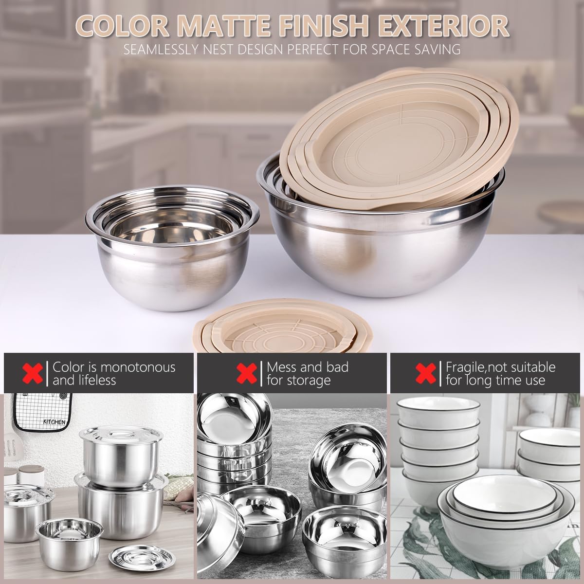 Mixing Bowls with Lids set - 25 PCS Stainless Steel Nesting Khaki Mixing Bowls Set for Baking,Mixing,Serving & Prepping,Size 5, 3.7, 2.8, 2.3, 1.7, 1.1, 0.7QT, 11 Cooking Utensils - Image 6