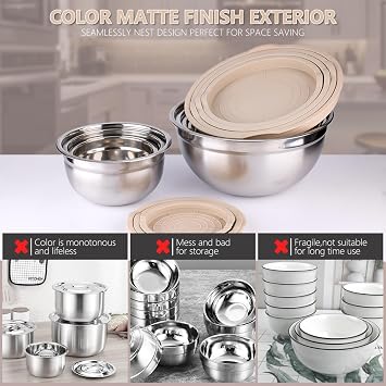 Leidawn Mixing Bowls with Lids set - 25 PCS Stainless Steel Nesting Khaki Mixing Bowls Set for Baking,Mixing,Serving & Prepping,Size 5, 3.7, 2.8, 2.3, 1.7, 1.1, 0.7QT, 11 Cooking