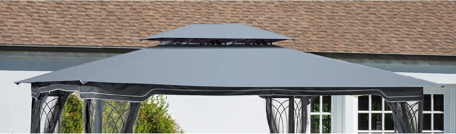 13x10 Ft Patio Double Roof Gazebo Replacement Canopy Top Fabric, Gray