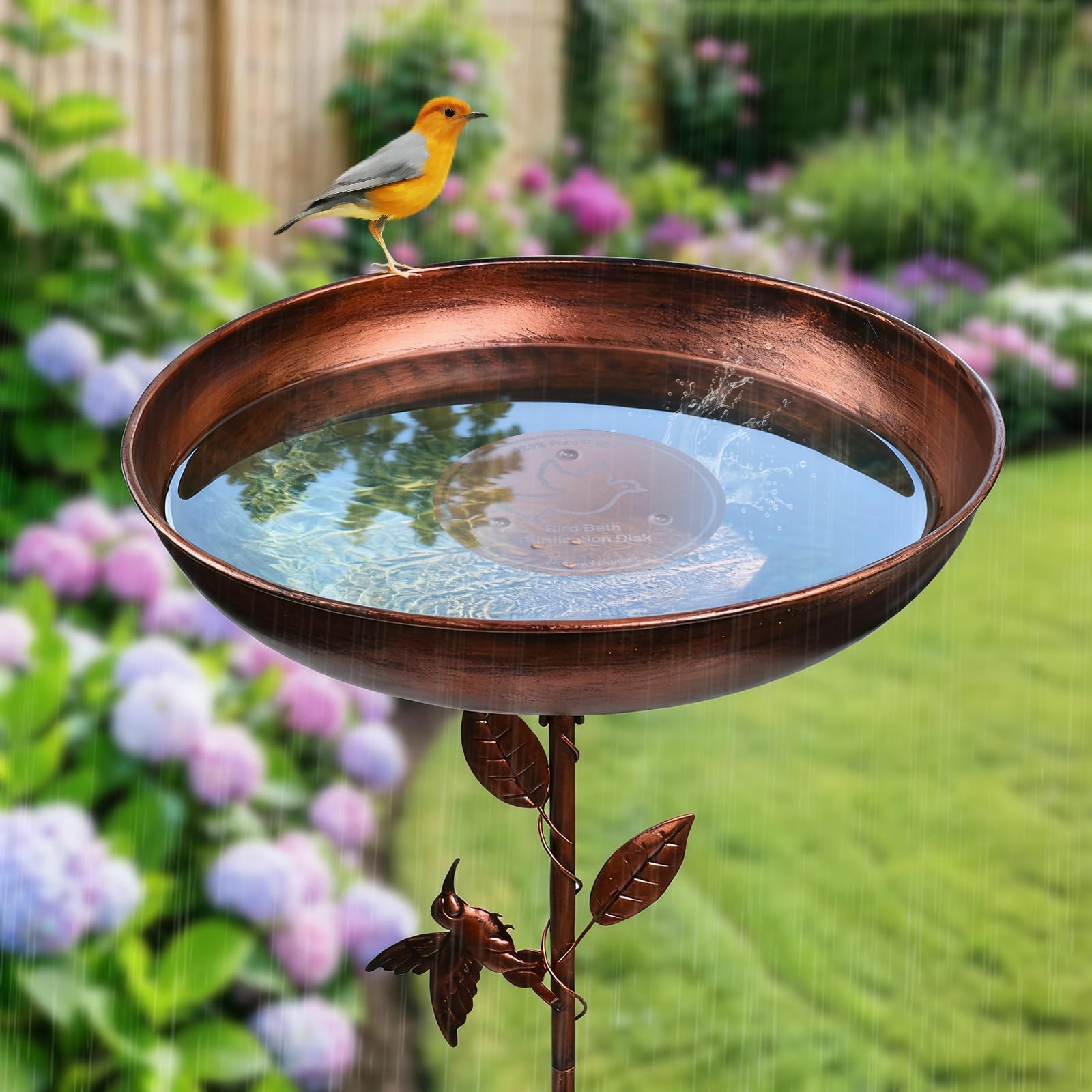 Kit de Bain d'Oiseaux Complet avec Plateau de Nettoyage en Cuivre Pur - Bain d'Oiseaux sur Pied Vintage en Métal, Résistant au Gel pour Toute Saison