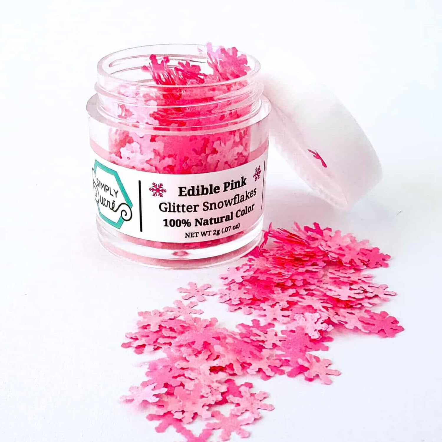 Dye-Free Edible Glitter Snowflakes - Vegan, Gluten-Free & Non-Toxic | Perfect for Cakes, Cupcakes, Drinks & Desserts by Simply Sucré (Pink, 1 Jar)