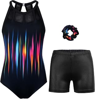 Gymnastics Leotards for Girls With Shorts Clasp Back Activewear | Stretchy breathable fabric,matching Shorts&Hair tie for girls dance/ballet,Mesh design for girls fashion,machine wash,4-13Y