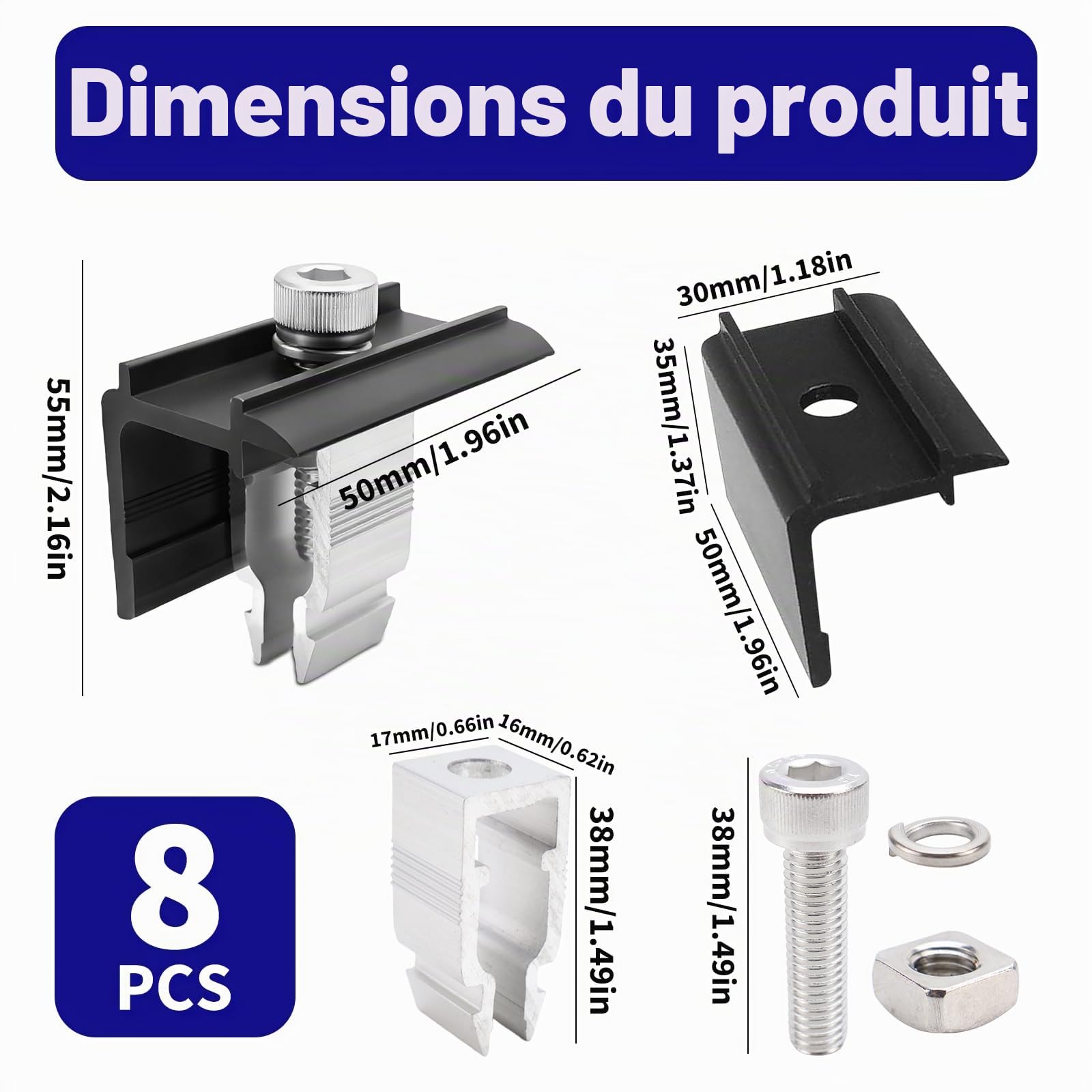 Fixation Panneau Solaire 8 Pièces Kit de Support de Panneau Solaire en Aluminium 30 mm avec Ecrous et Boulon pour Photovoltaïque Camping Car Toiture Mural Modulhöhe 30mm-45mm
