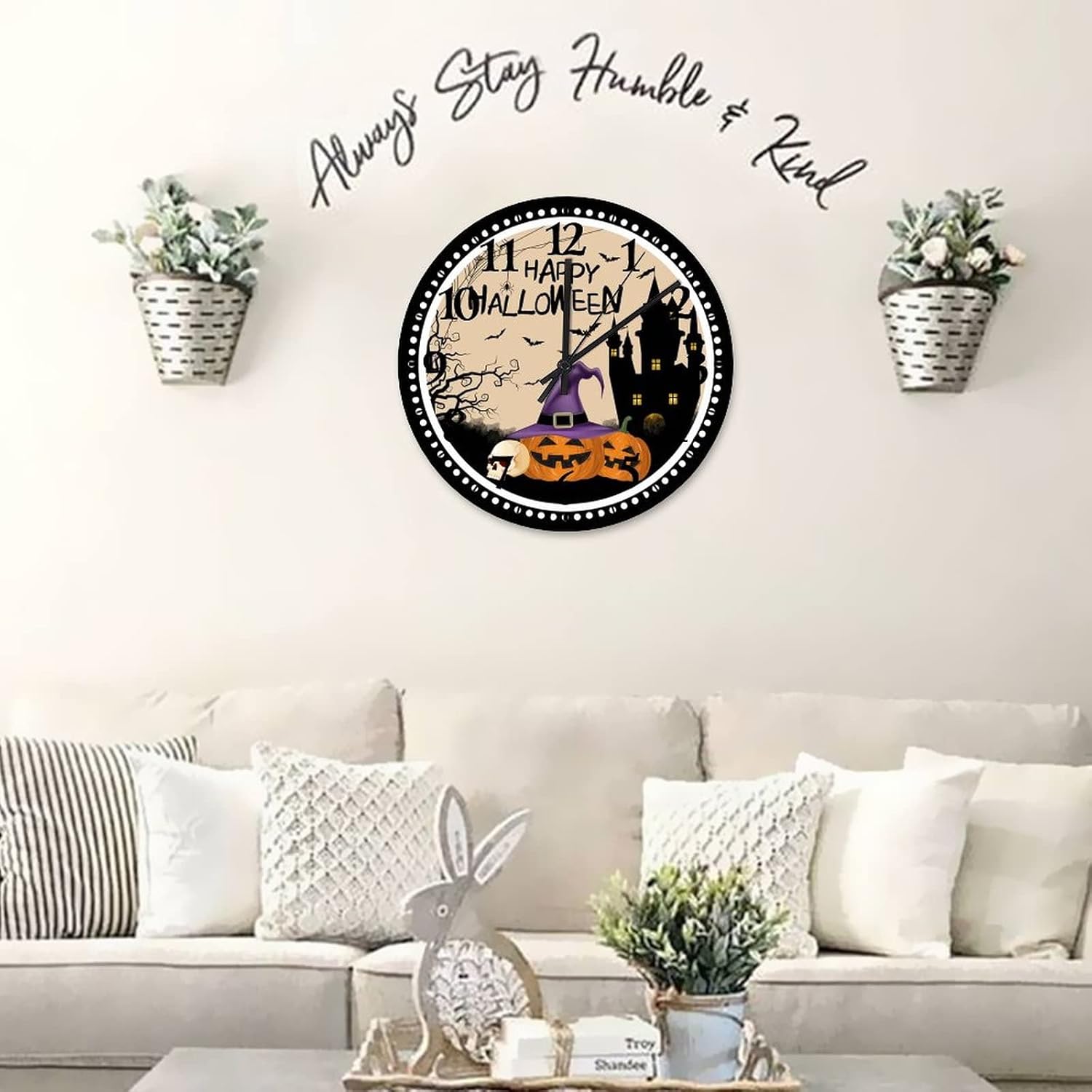 15 Inch Happy Halloween Pumpkin Hunted House Small Wall Clock Battery Operated Silent Noiseless Halloween Party Scary Pumpkin Wearing Witch Hat Wooden Hanging Clock Arabic Numeral Round Clock