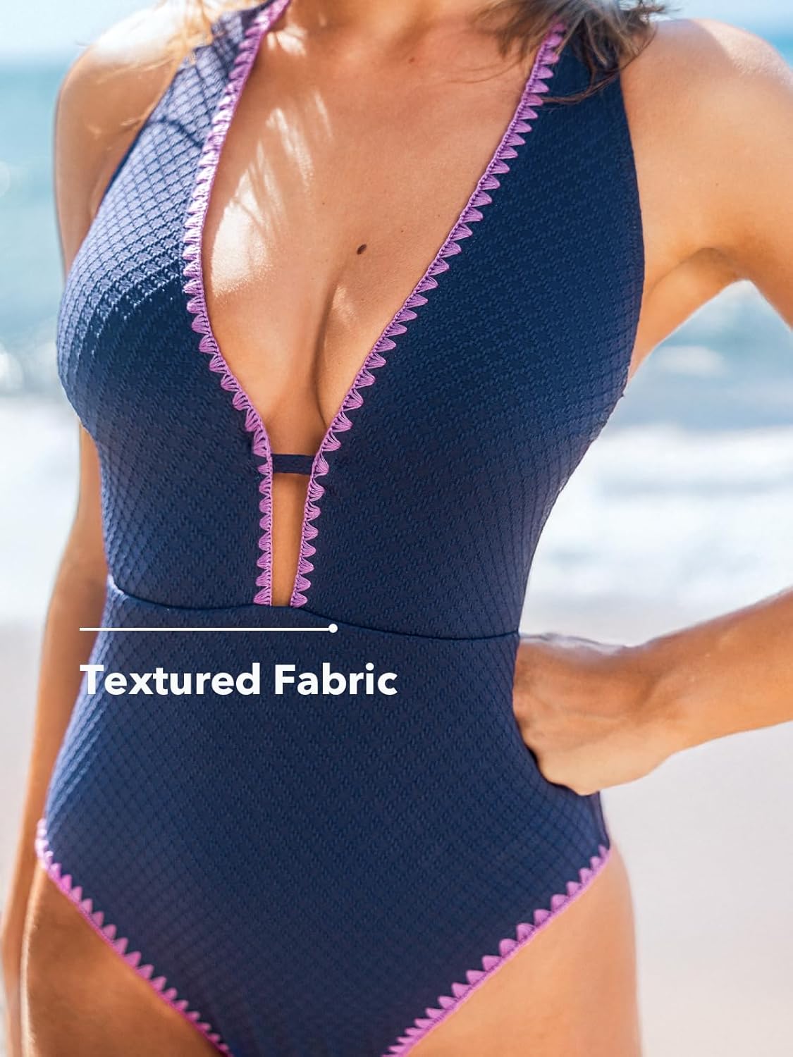 CUPSHE Women's One Piece Swimsuit Tummy Control V Neck Cutout Bathing Suit Crisscross Back Textured Cheeky Bottom