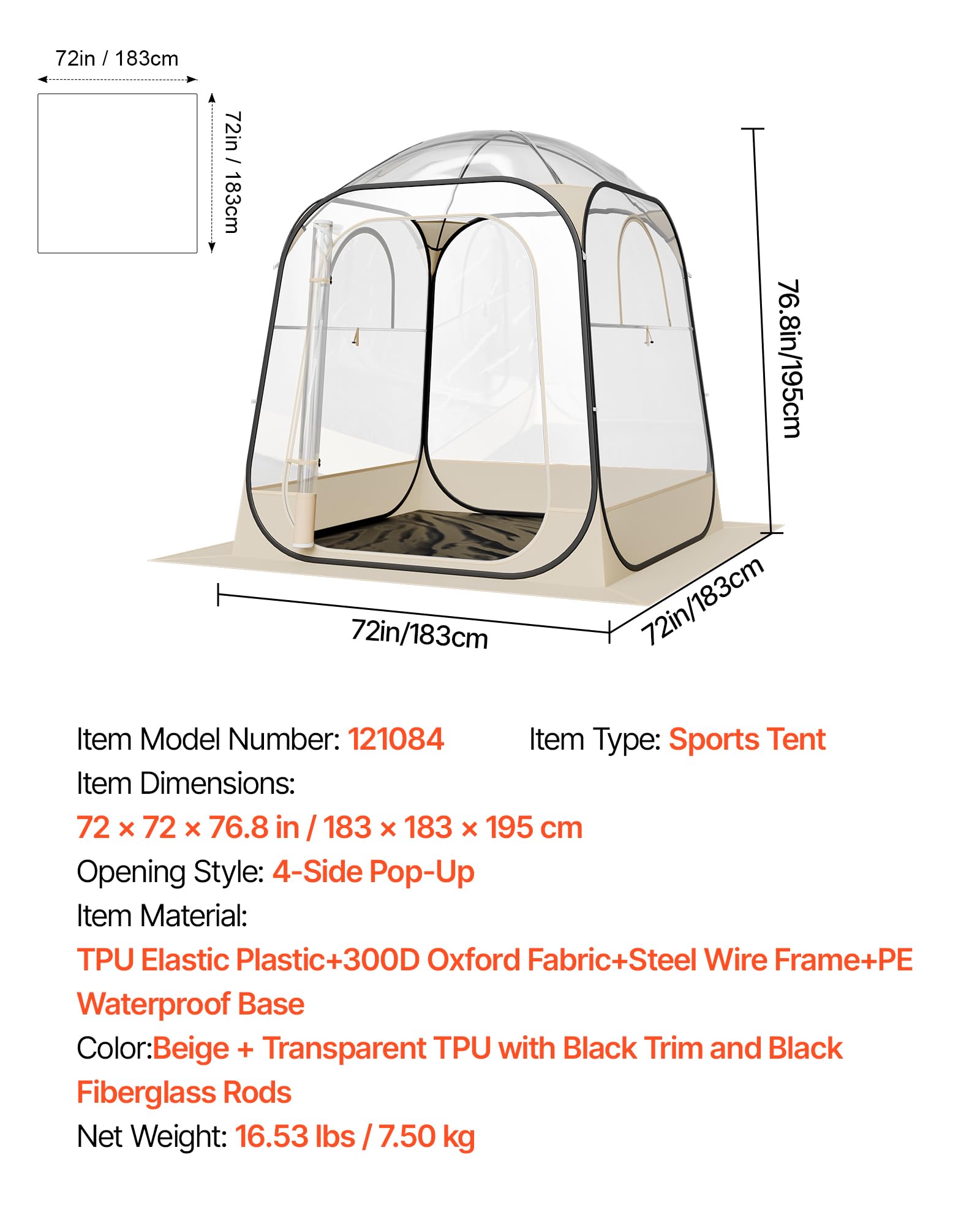 VEVOR Tente de Sport Pop up, 4 Tailles optionnelles, Tente à Bulles Transparente pour 1 à 6 Personnes, Pod d'extérieur étanche avec Tapis de Sol et Housse supérieure, tentes de Jardin Igloo dôme abri