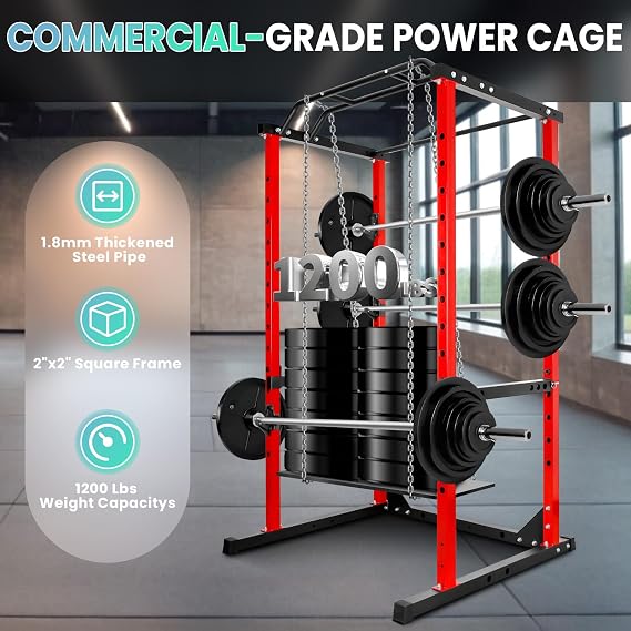 1200LB Power Cage, Squat Rack with LAT Pulldown, Multi-Function Weight Cage Strength Training Machine