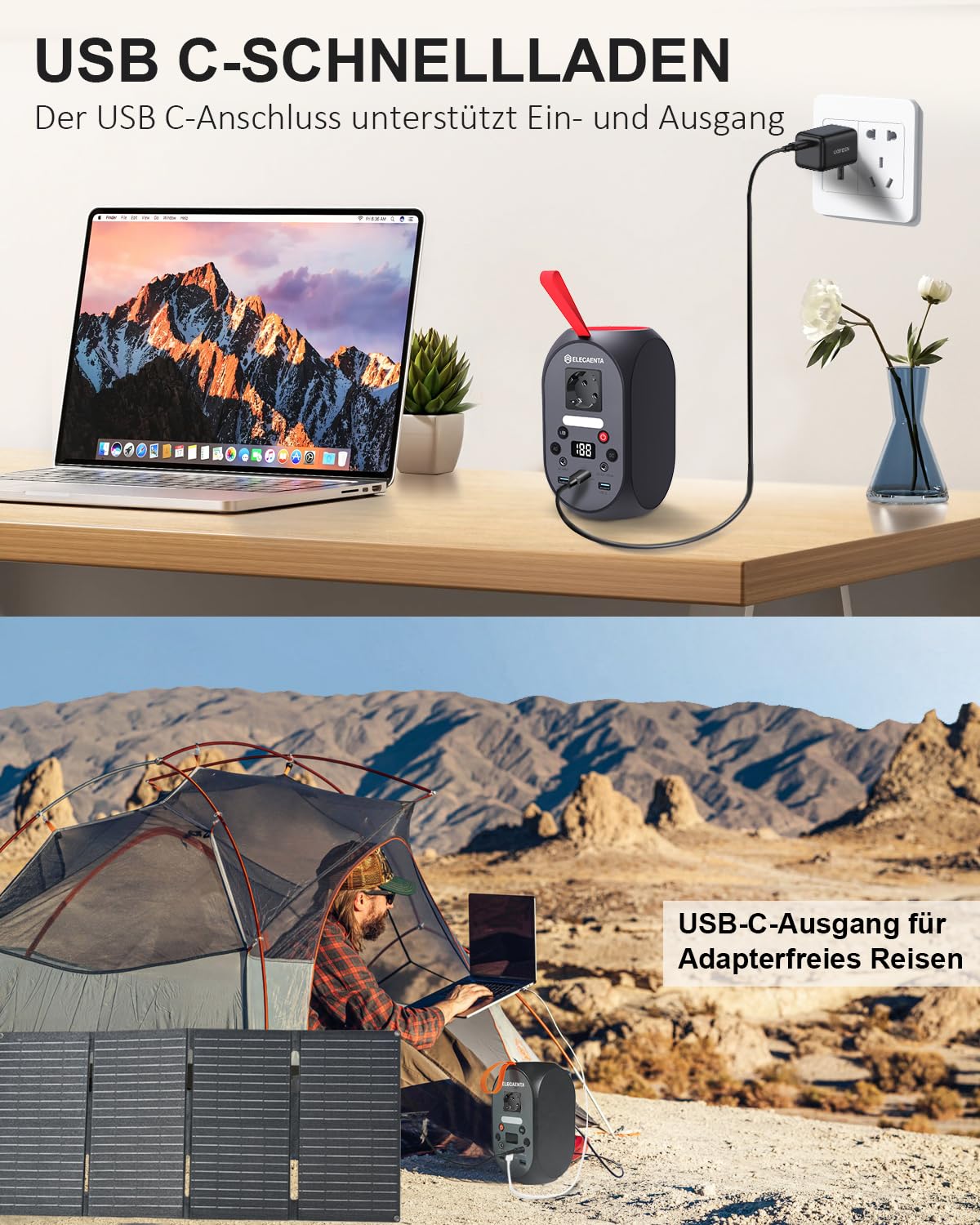 ELECAENTA Tragbare Powerstation 99Wh LiFePO4-Akku 120W Solar Generatoren mit PD 30W/AC/DC Ausgabe Back-up-Akku für Reise Outdoor Camping und Notfälle