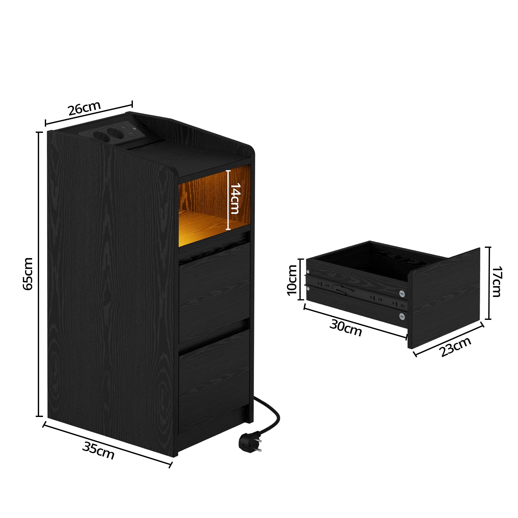 IRONCK Nachttisch Schmal, Beistelltisch mit Ladestation und LED, Bedside Table mit Offenem Fach, für Schmale Räume Schlafzimmer, Wohnzimmer, Schwarz