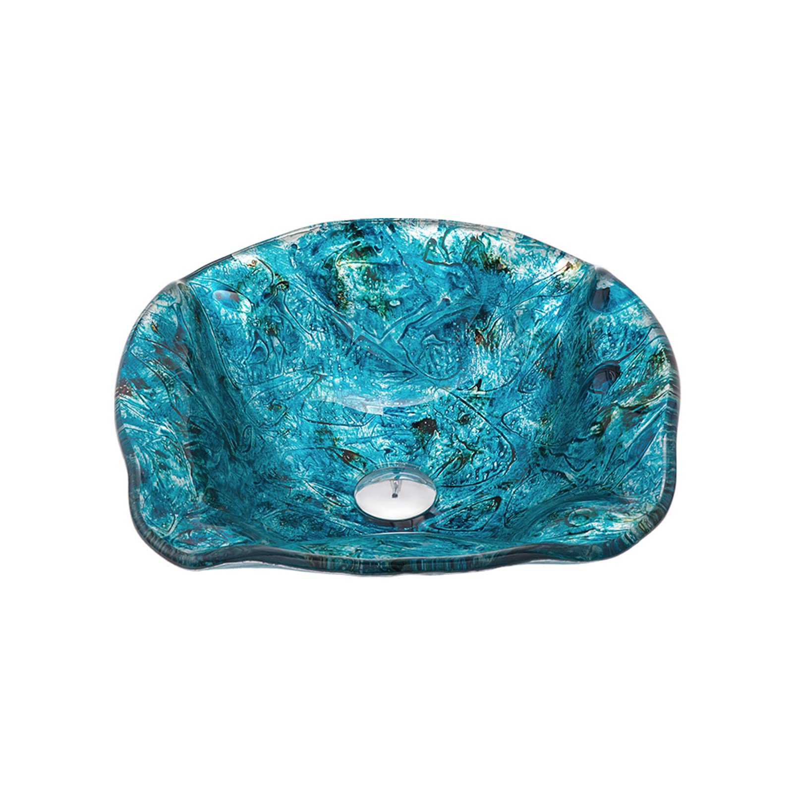 Vasque artistique en verre trempé bleu azur et sa bonde en laiton haut de gamme