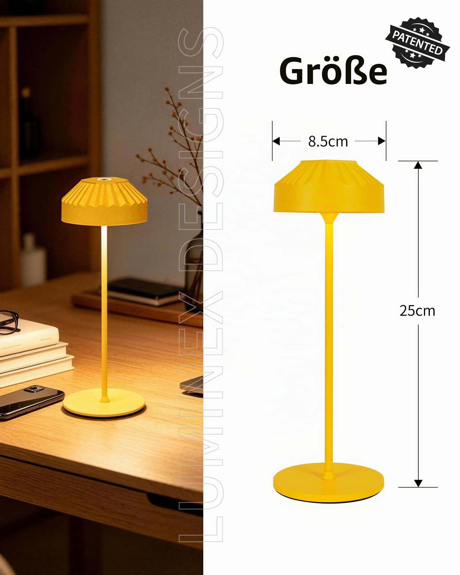 Kabellose Akku LED Tischlampe 2er Pack TL16 VIOA | 25 cm LED-Tischlampe aus massivem Aluminium, für Schlafzimmer, Wohnzimmer, Esszimmer und Terrasse, IP54,2600 mAh, Gelb