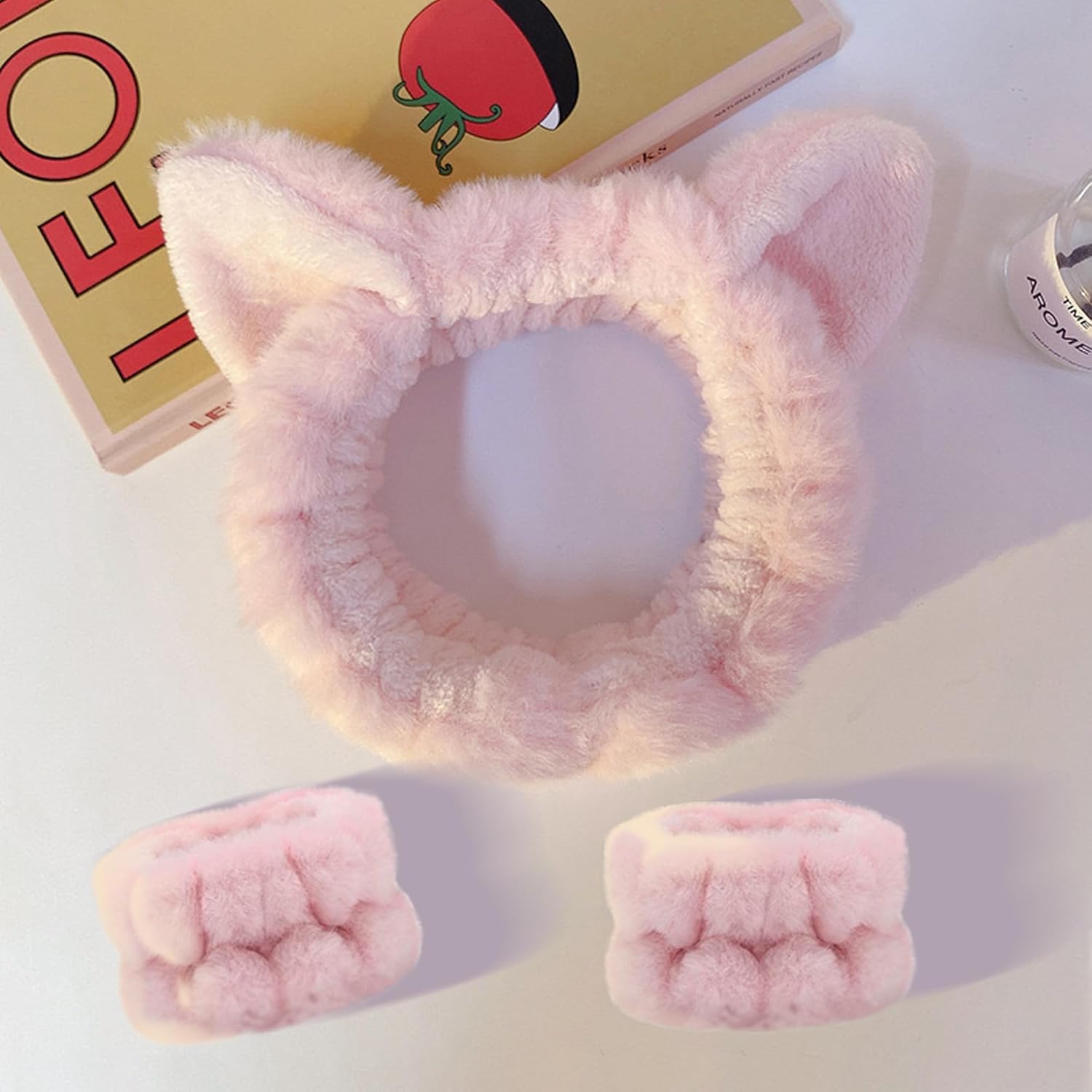 Face Wash Headband and Wristband Set, 3 Pcs Skincare Headband and Wristband Set 1 Face Wash Headband 2 Face Wash Wristbands, Cute Animal Ears Plush Headbands for Washing Face (Pink Cat, 1) - Image 6