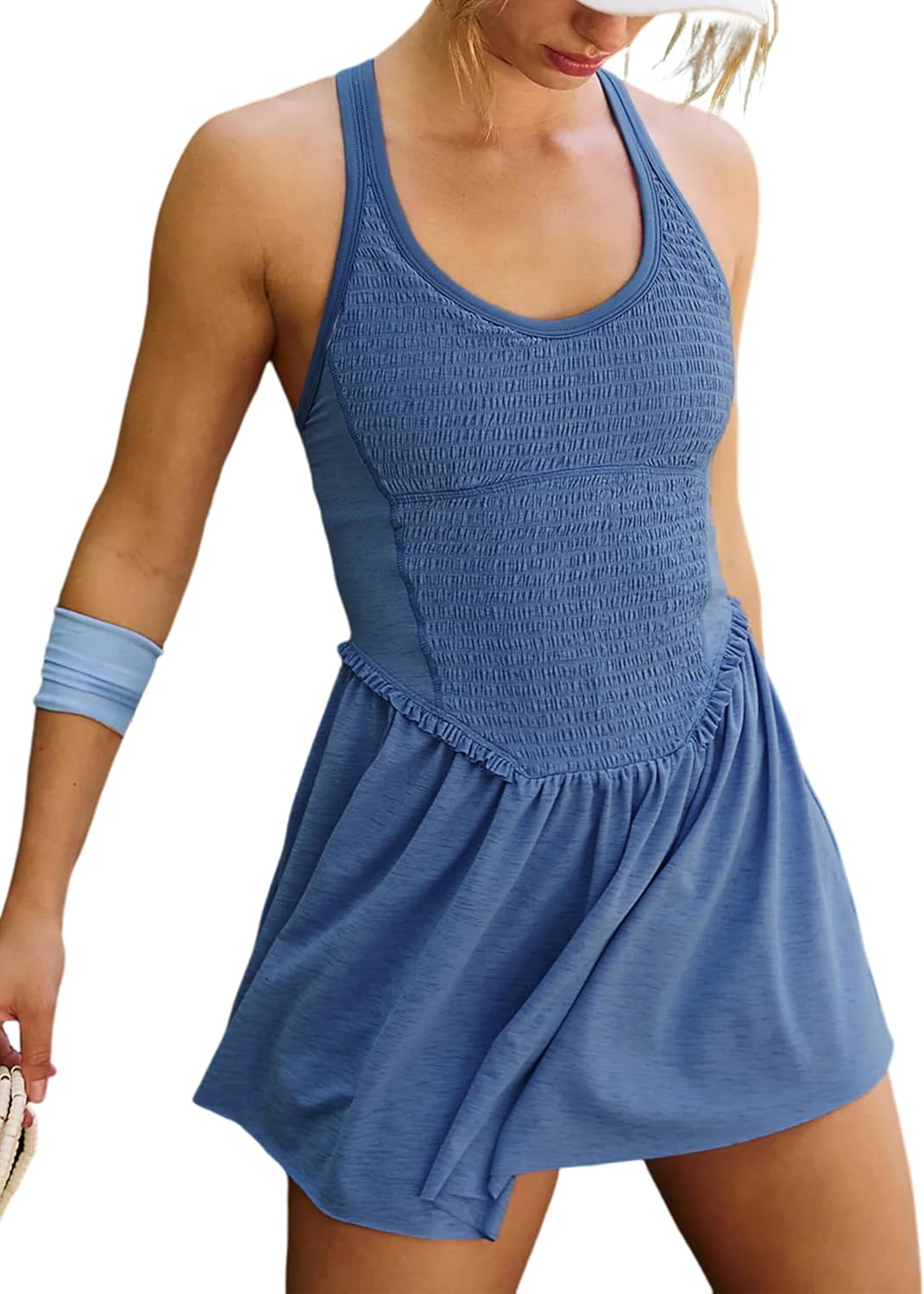 PUWEI Women's Workout Dress Built in Bra and Shorts Active Athletic Tennis Golf Dresses with Pockets Small Blue