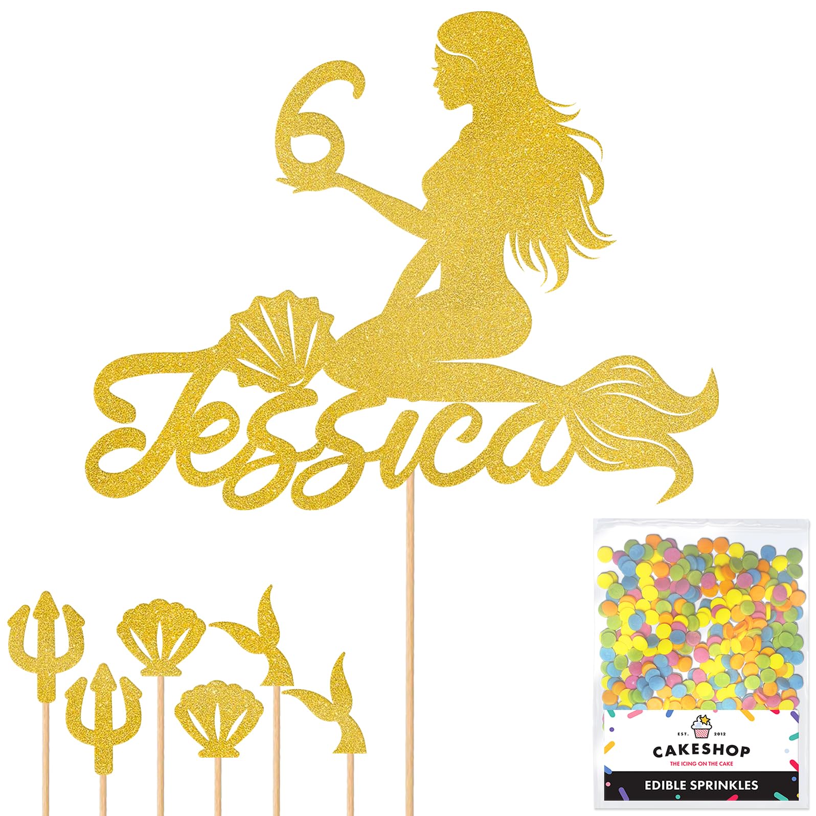 Personalised Birthday Mermaid Glitter Cake Topper- Gold Any Custom Age & Name Glitter Cake Decoration and Sprinkles - Happy Birthday Decorations - Personalised Toppers for Cakes by Cakeshop — image 1