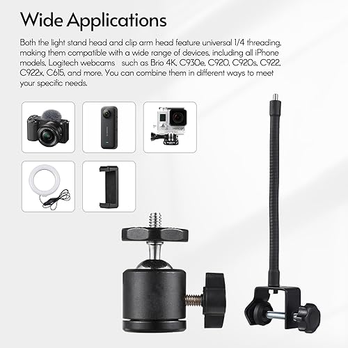 Miniatura 8 de Soporte de brazo plegable para cámara con lámpara de anillo de 8 pulgadas, clip de teléfono compatible con cámara compacta, teléfono inteligente,