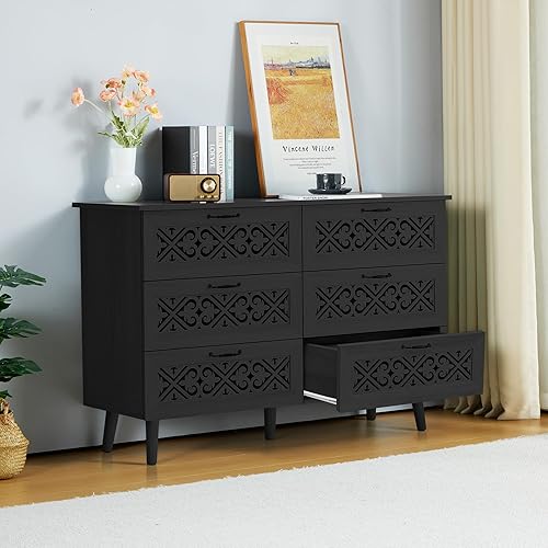 Miniatura 8 de AVZEAR Cómoda de 6 cajones, cómoda moderna de 54 pulgadas de ancho, cómoda de madera con asas de metal, organizador de cajones de madera con diseño