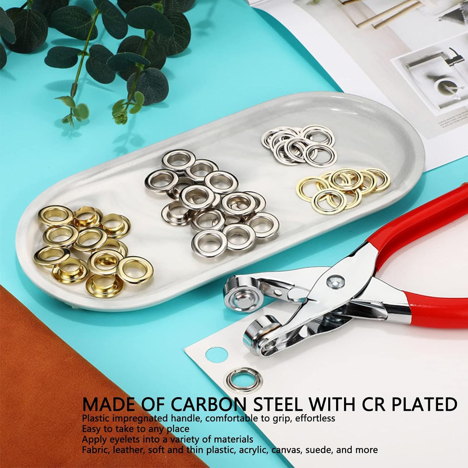 Portable Grommet Kit 1/2in Fabric Handheld Hole Punch Pliers Press Tool with 600 Set Silver Gold Grommets Eyelets for Fabrics Leather Soft Thin Plastics