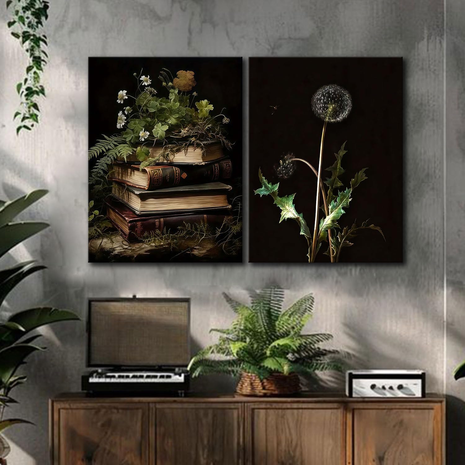 Kdyudo 2 pcs Vintage Botanical Canvas Wall Art, Gothic Dark Collegiate Style, Book Image Printing Atmosphere, Rustic Floral Painting Poster Artwork, Suitable for Study Gallery Wall Decor 12x16 inch
