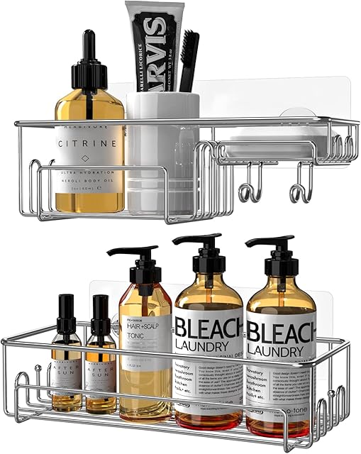 Shower Caddy, Cosicosy Shower Shelf Hanging with Soap Dish Bathroom Storage Shelves Adhesive Bathroom Shelf No Drilling with 12 Hooks for Hanging Razor and Towels Kitchen Rack - 2 Pack