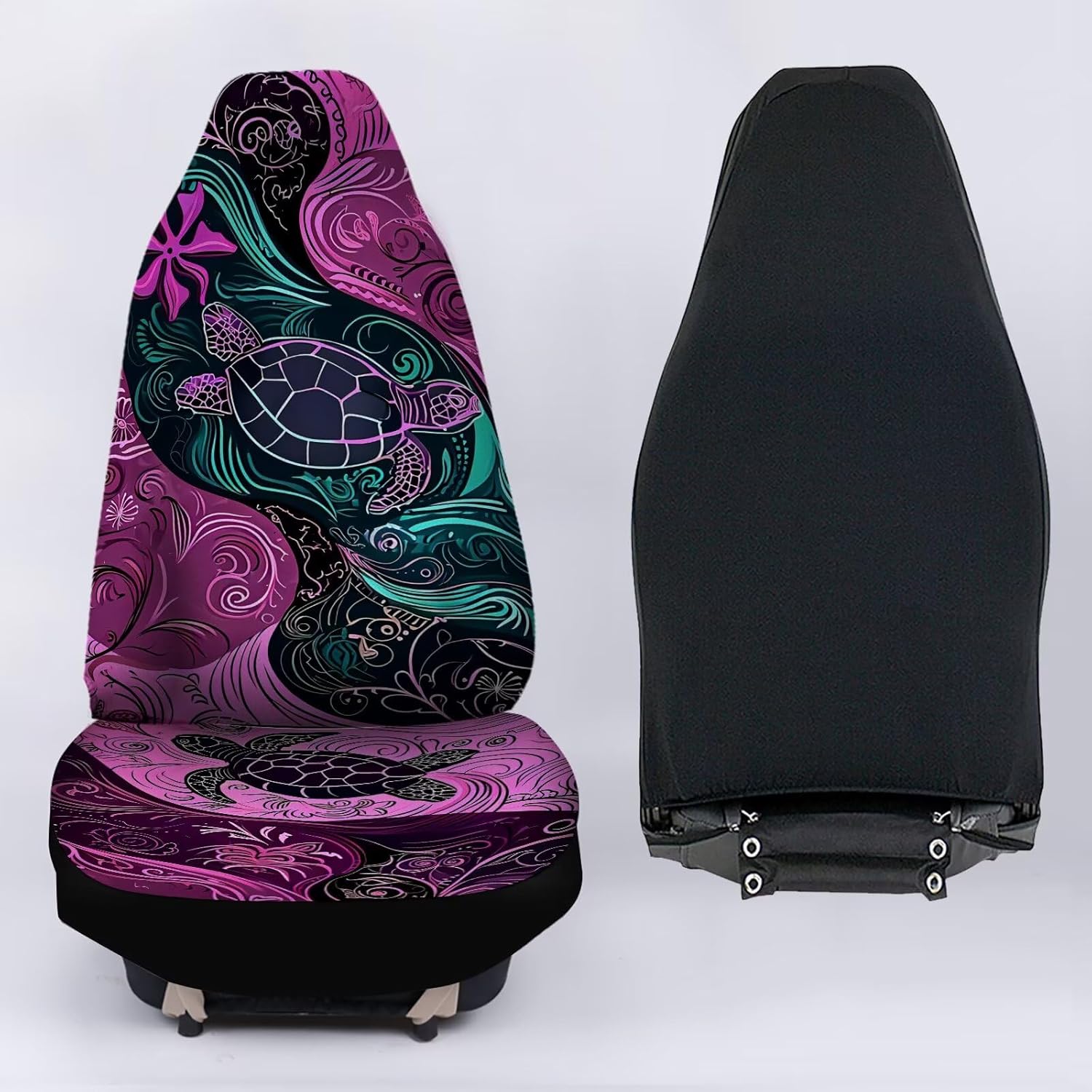 2 Pieces Purple Trippy Turtle Print Car Seat Covers, Universal Fashion Breathable Front Seats Protector Car Accessoires Fits for Car,SUV Sedan,Truck