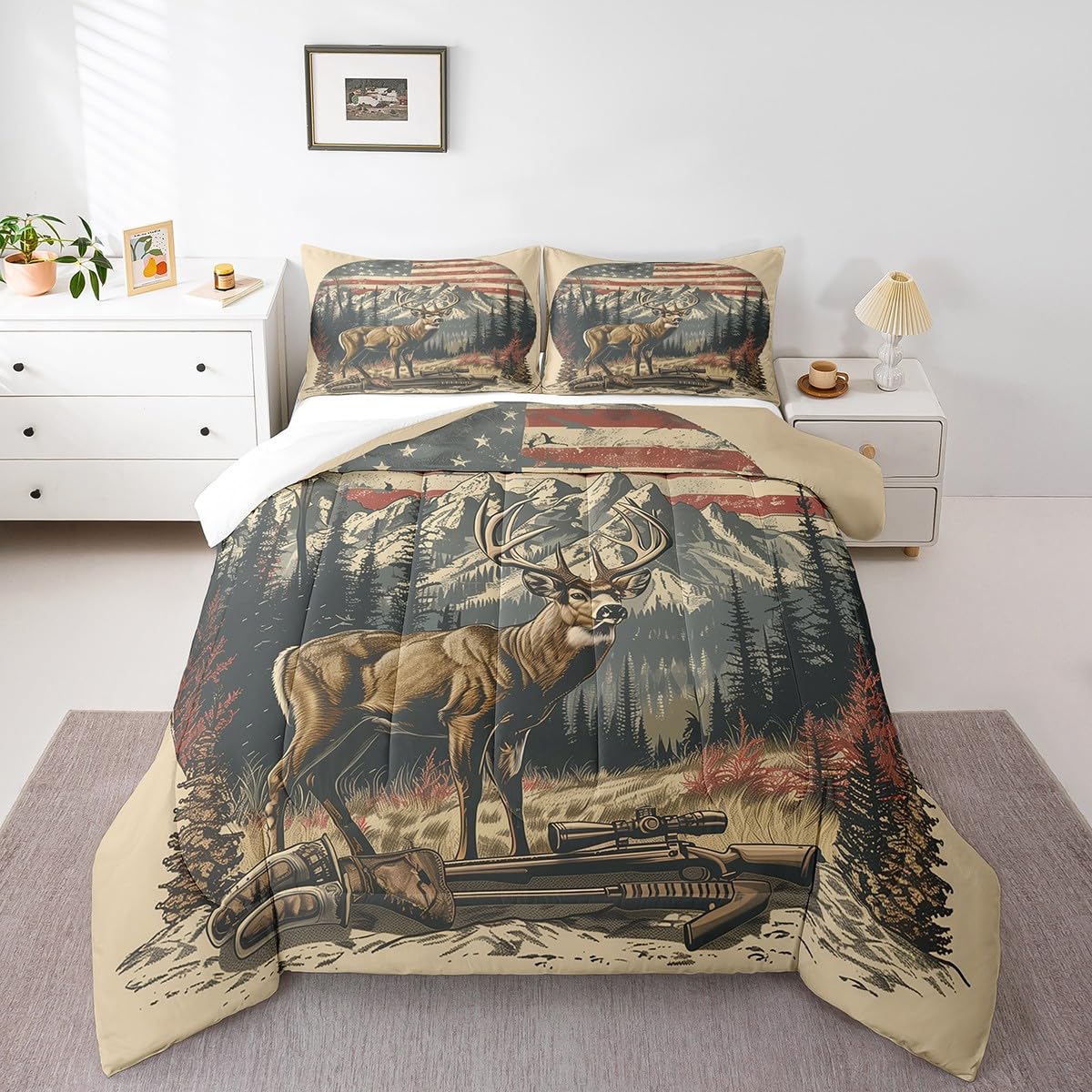 Geometric Deer Comforter Set King Size - Black & Yellow Abstract Antlers Bedding, 3-Piece Quilt Set With Pillowcases