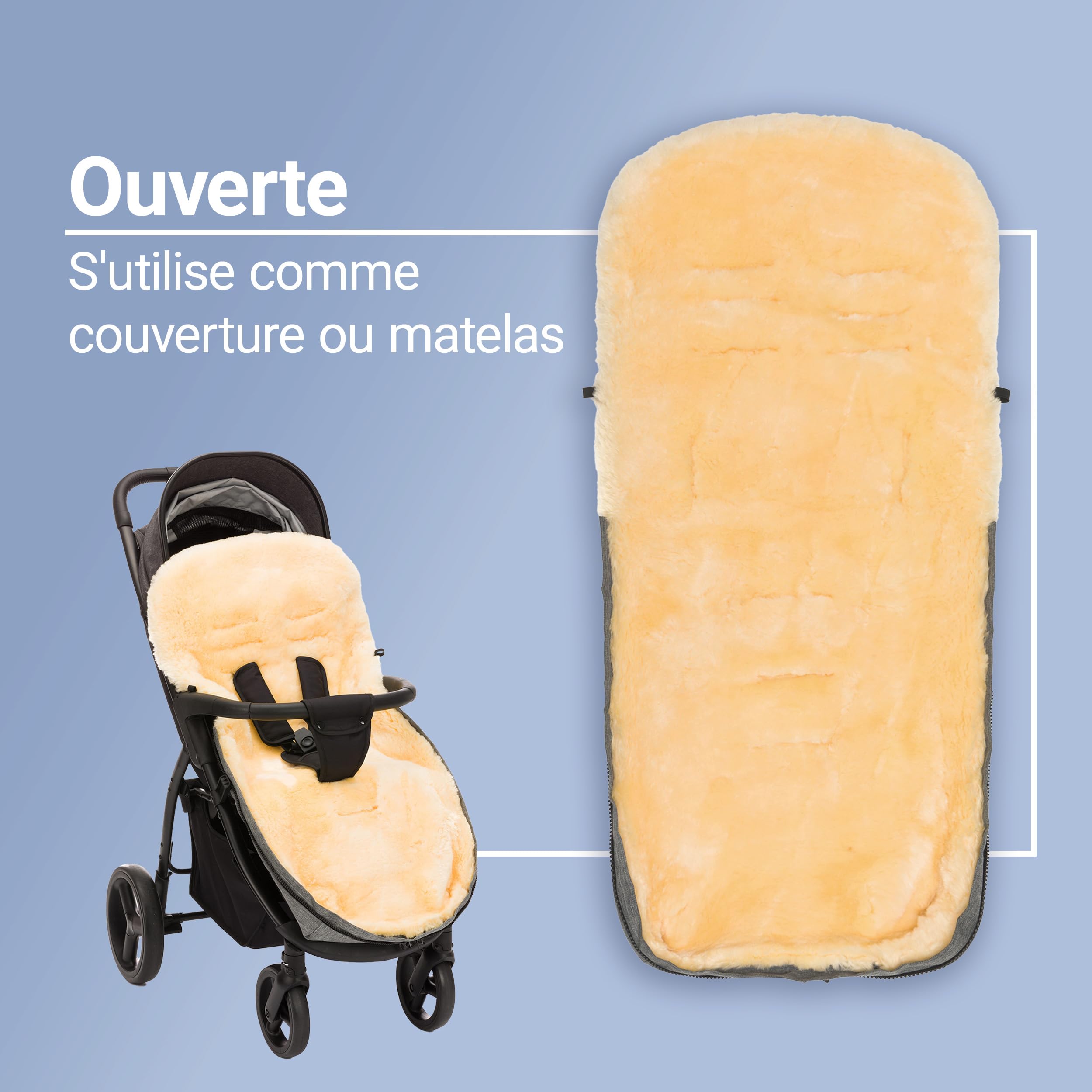 Zamboo Chanceliere Universelle pour Poussette en Peau d'agneau, 2 en 1 Nid d'ange Bebe Hiver et Insert Siège Poussette en Laine de Mouton Mérinos Naturelle, Chaude et Respirante – Gris