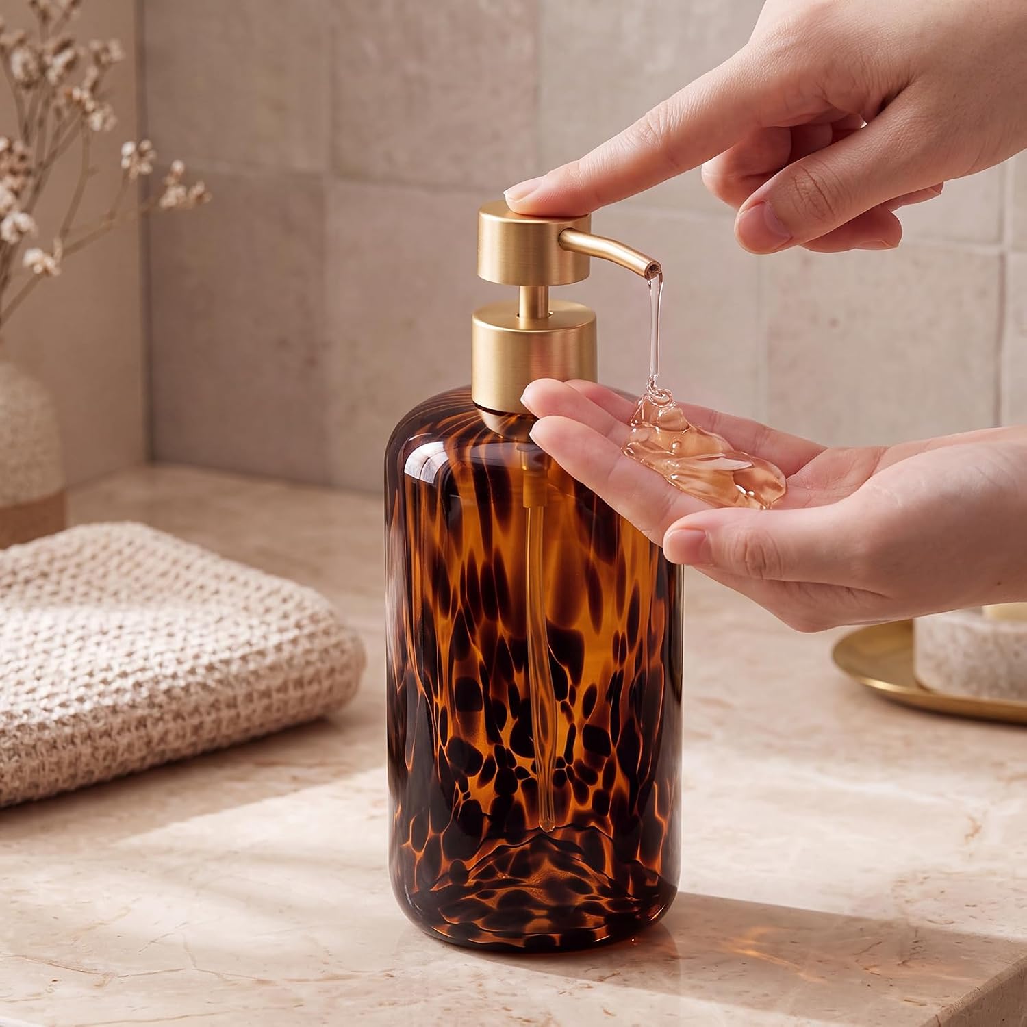 Tortoise Shell Bathroom Accessories Amber Glass Soap Dispenser