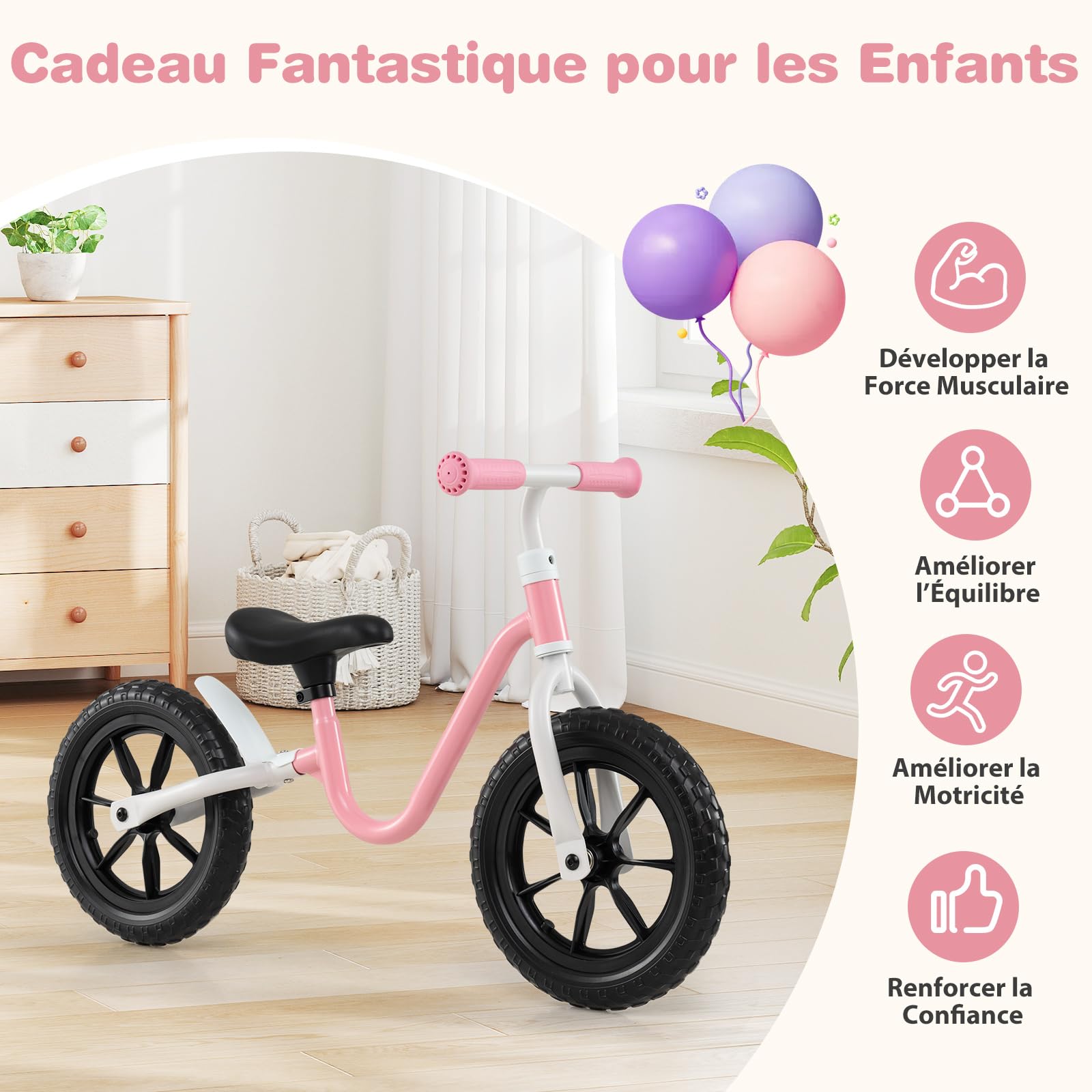COSTWAY Draisienne Bébé Légère avec Guidon et Siège Réglables(37,5-42cm), Vélo Enfant sans Pédales avec 2 Roues en EVA, Charge 25kg, Vélo d'Équilibre pour 3 Ans+, Rose