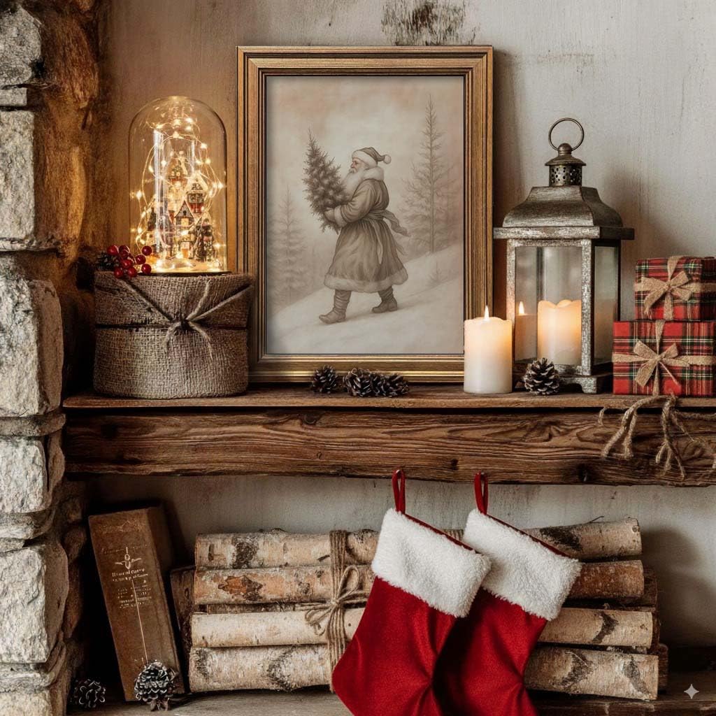 Vintage Christmas Decor Farmhouse Wall Art Gold Framed Rustic Winter Landscape Santa Pictures Painting for Home Living Room Decor (Santa, 20L" x 16W")