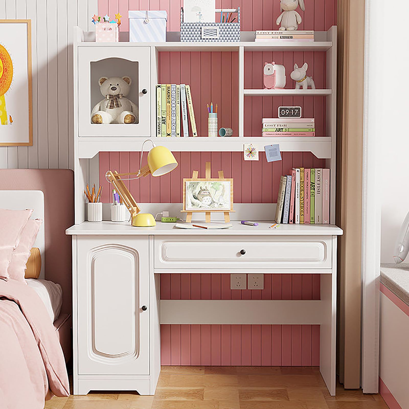 Mescxty Women's White Study Desk With Hutch & Bookshelf Drawers,Wooden Computer Home Office Teenager Desk,Cute Writing Combo For Girl Boy(31.5Inch, )