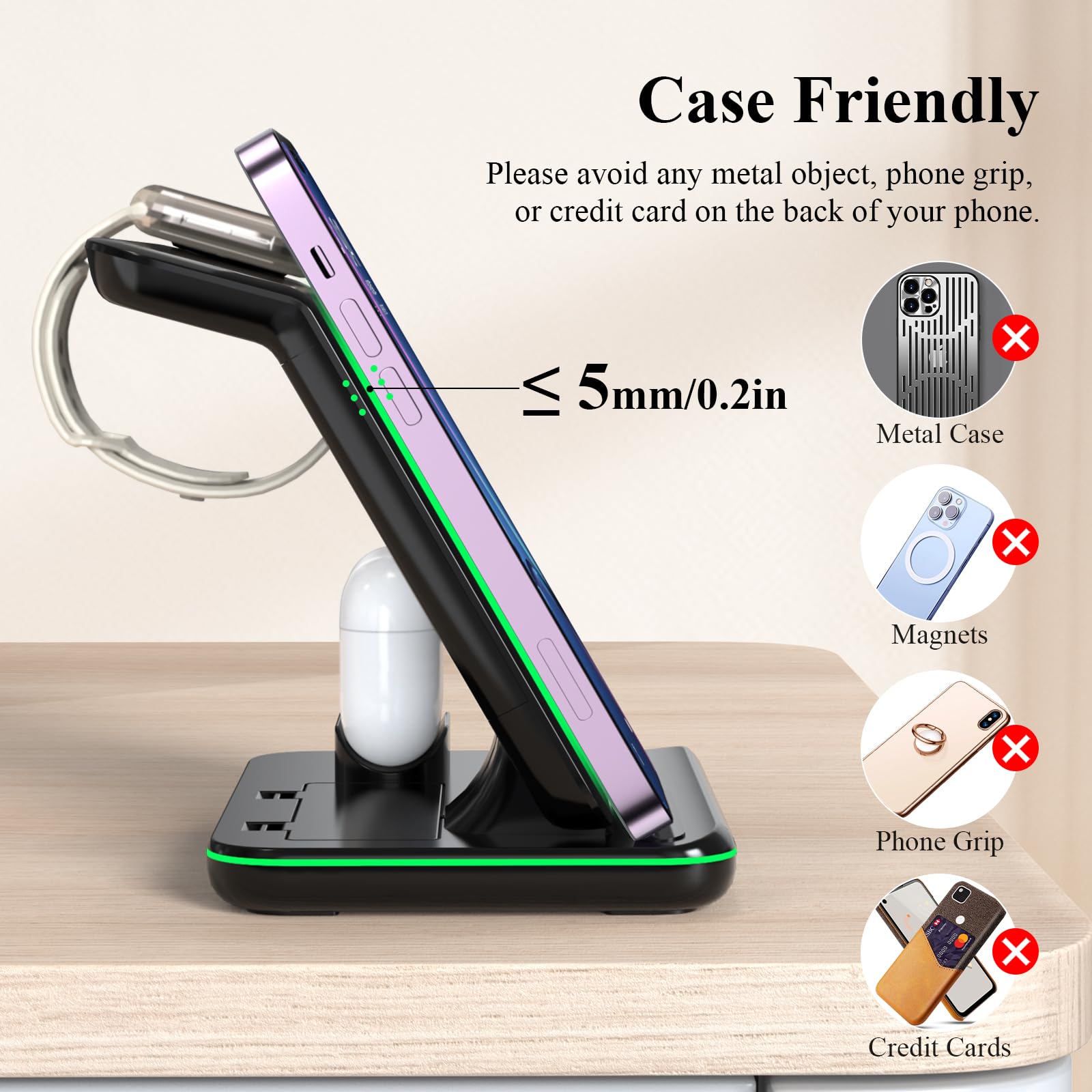 Minthouz Caricabatterie wireless per telefono, stazione di ricarica rapida da 18 W per iWatch (il caricabatterie dell'orologio non è incluso), AirPods, supporto per caricabatterie wireless compatibile