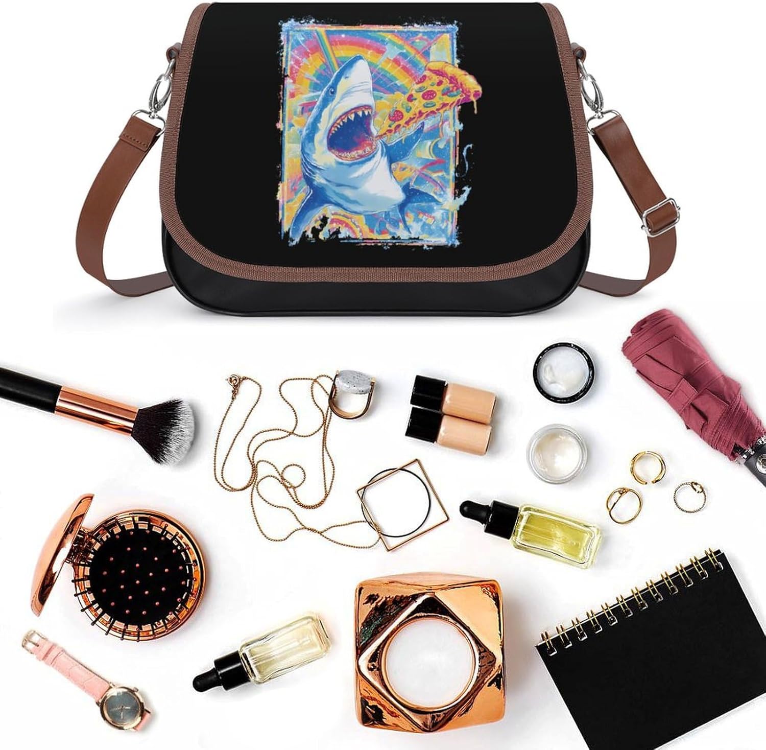 Vintage Shark Pizza Women Crossbody Purse Leather Messenger Bag Handbags Shoulder Strap Bags