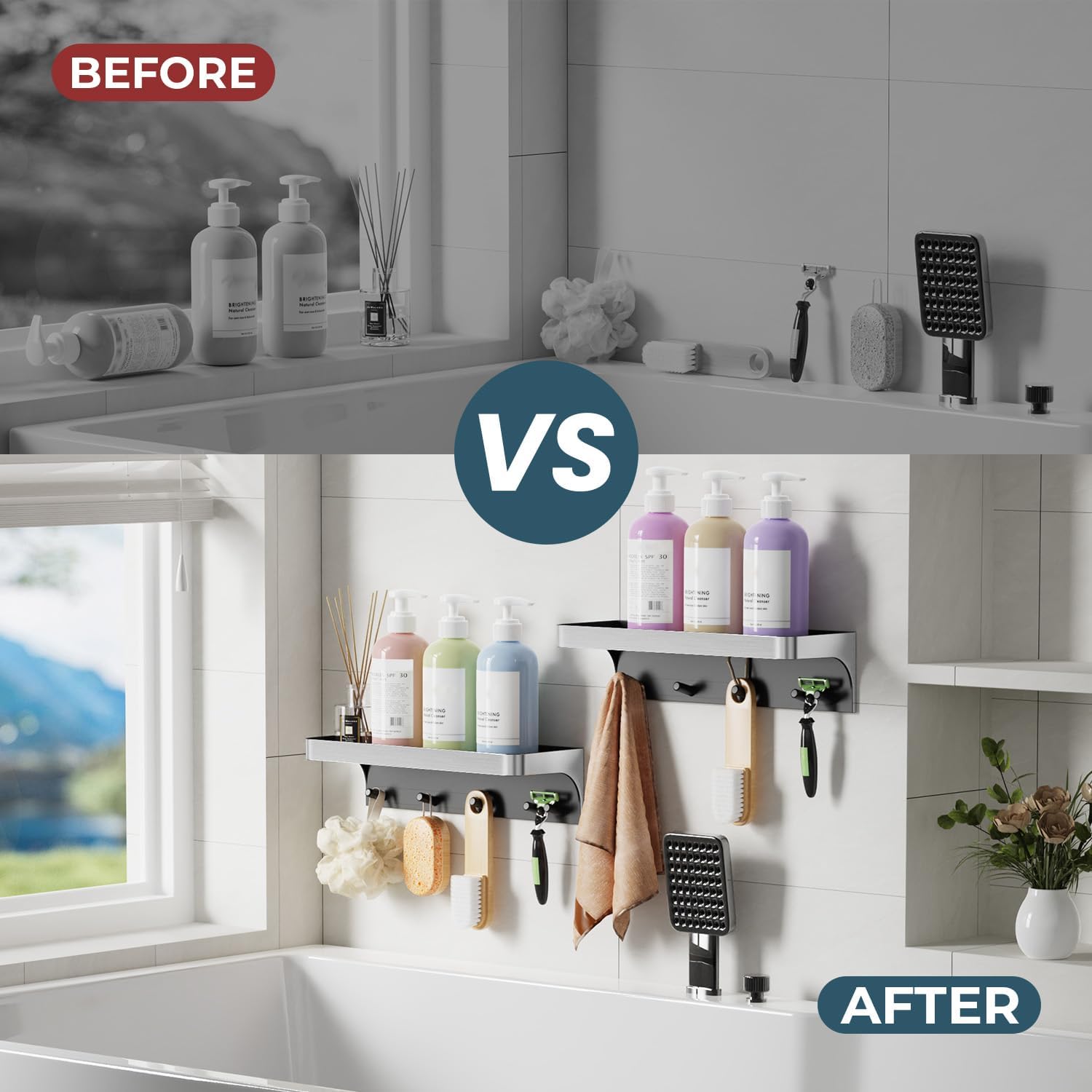 2 Pack Shower Caddy Adhesive, Shower Shelve for Inside Shower, Bathroom Organizers and Storage for Accessories Holder, Rustproof Bathroom Wall Shower Rack Organize with 5 Hooks, No-drill, Silver