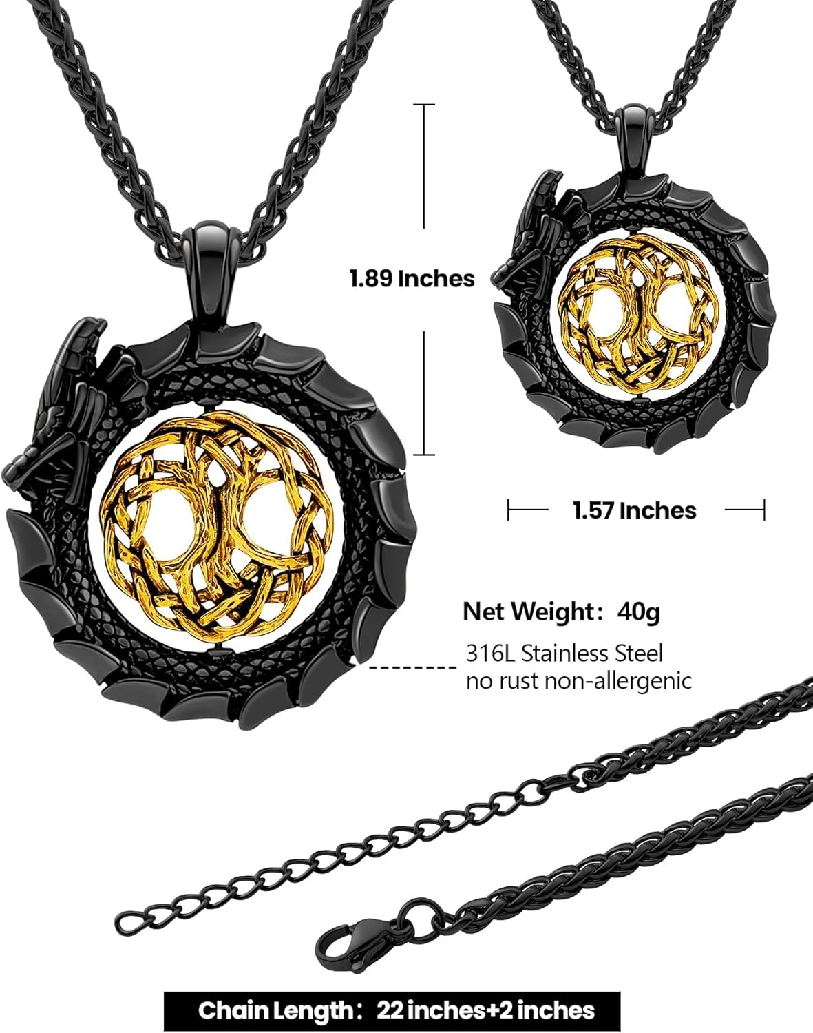 Dragon Necklace 18K Gold Plated/Black Metal/Stainless Steel Norse Tree of life Talisman Viking Dragon Pendant Necklace Lucky Amulet, Retro Yggdrasil Viking Jewelry Gift for Men and Women with Gift Box - Image 5