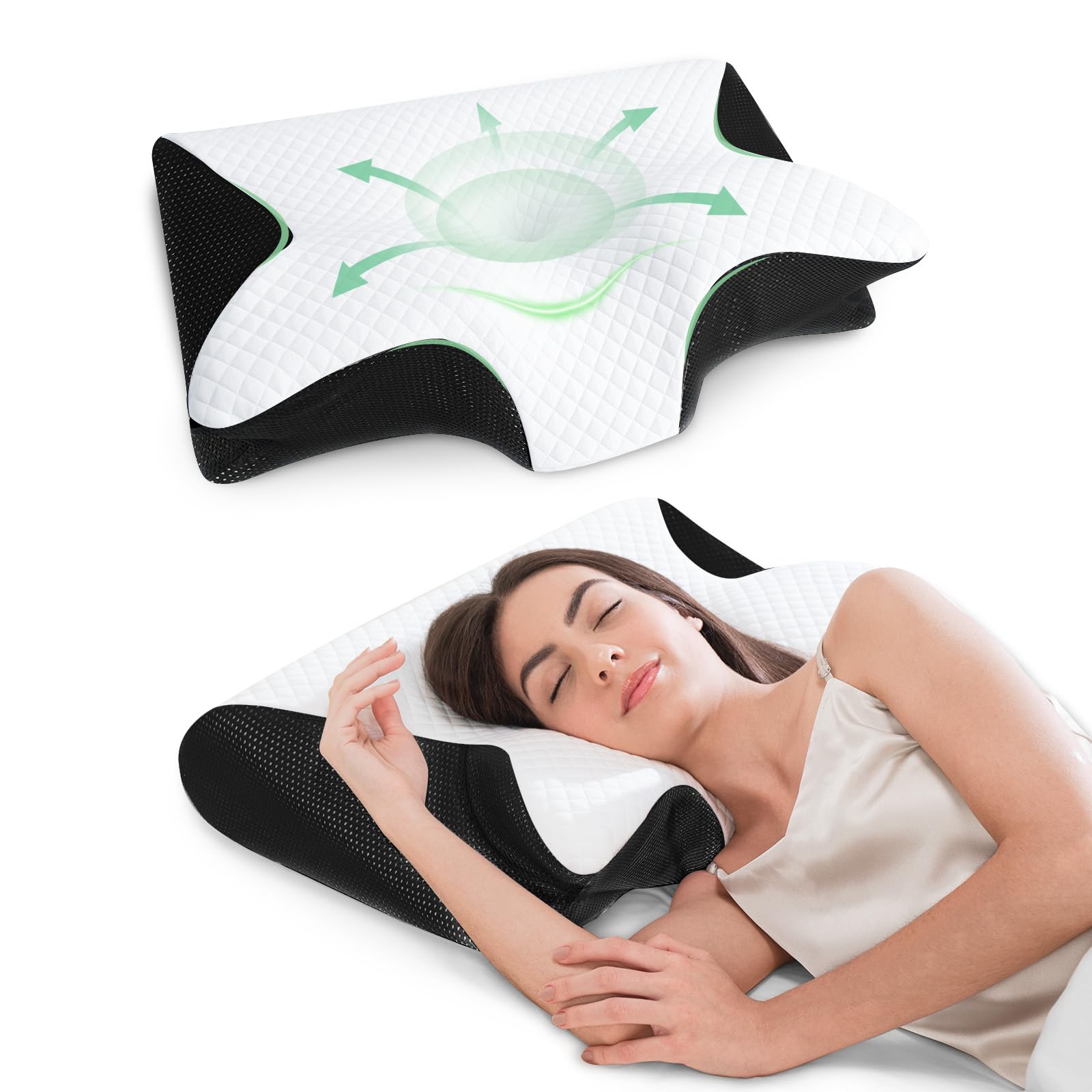 Oreiller Cervical Mémoire de Forme, Noir, 60x40x12/14cm | 2 en 1 Oreiller pour la Nuque pour Dormir Support pour Dormeurs de Côté, de Dos et sur Le Côté/Dos/Ventre