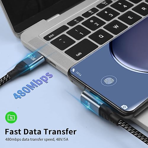Miniatura 2 de Duttek Cable largo de ángulo recto USBC a USBC de 6 pies  6.6 ft, cable de carga USB C compatible con cable de carga rápida de 240 W, ángulo de 90