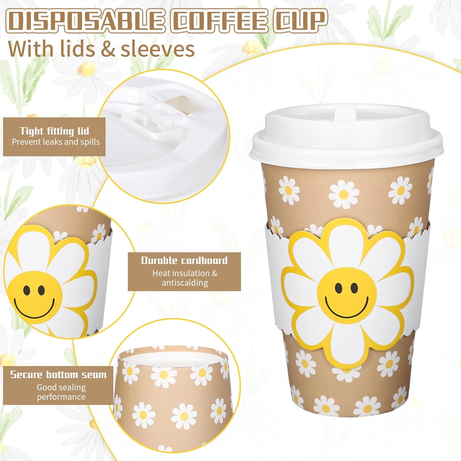 Whaline 50 Pcs Spring Daisy Disposable kraft Paper Cups with Lids and Sleeves 16 Oz Boho Groovy Smile Daisy Flower Coffee Cups for Summer Wedding Birthday Table Decor Party Supplies