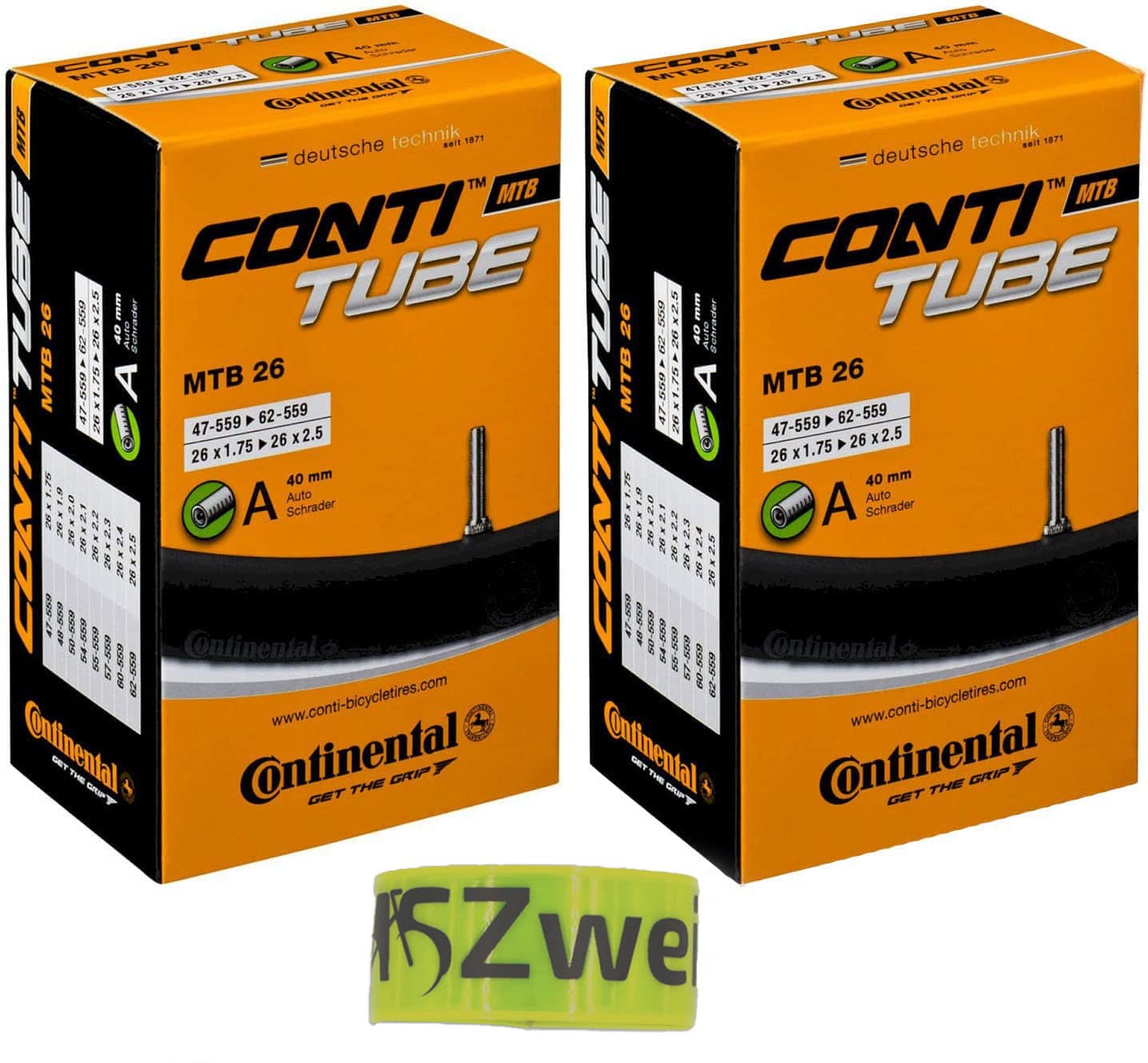 2 x Continental Contitube MTB Bicycle Inner Tube 26 Inch AV 40 mm 47/62-559 Including Reflective Band