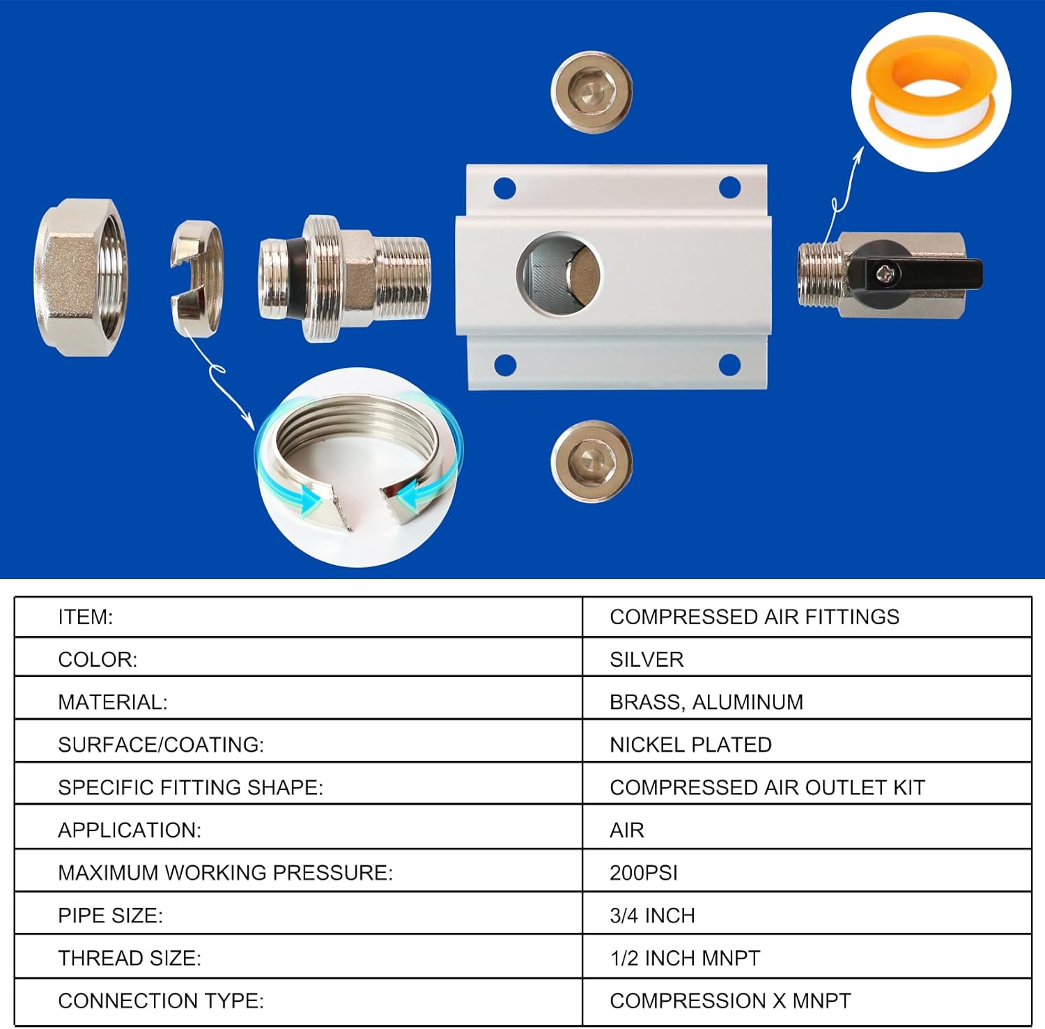 3/4'' Compressed Air Outlet Kit, Shop Air Line Kit Includes Air Compressor Manifold and 1/2'' NPT Straight Fitting, Air Compressor Accessories Kit for Compressed Air Piping System