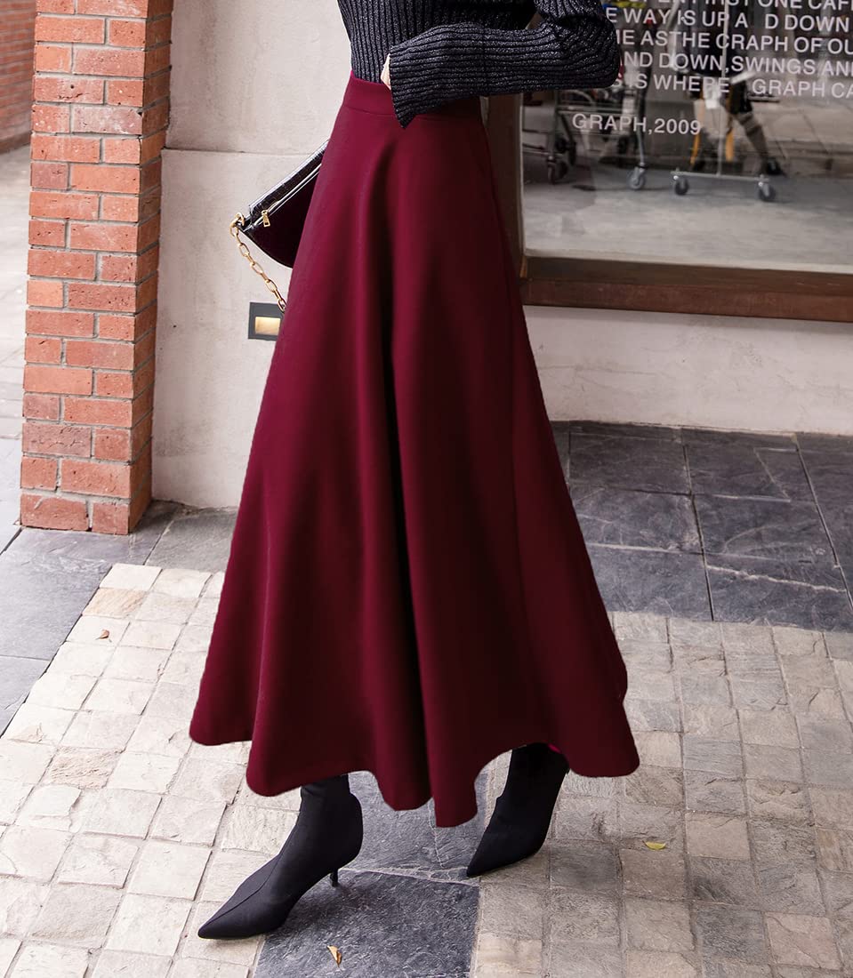 Damen Lange Rock Elegant Hohe Taille Winterrock Wollrock A-Linie Maxirock Faltenrock Retro Röcke 1955 Weinrot -XL