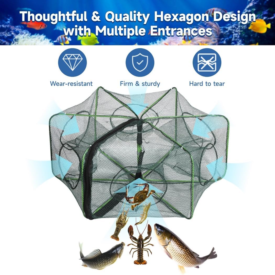 3-Pack Fishing Net Traps, Portable Foldable Bait Traps, Hexagonal And Cylindrical Mesh Nets For Crab, Lobster, Shrimp, And Crawfish